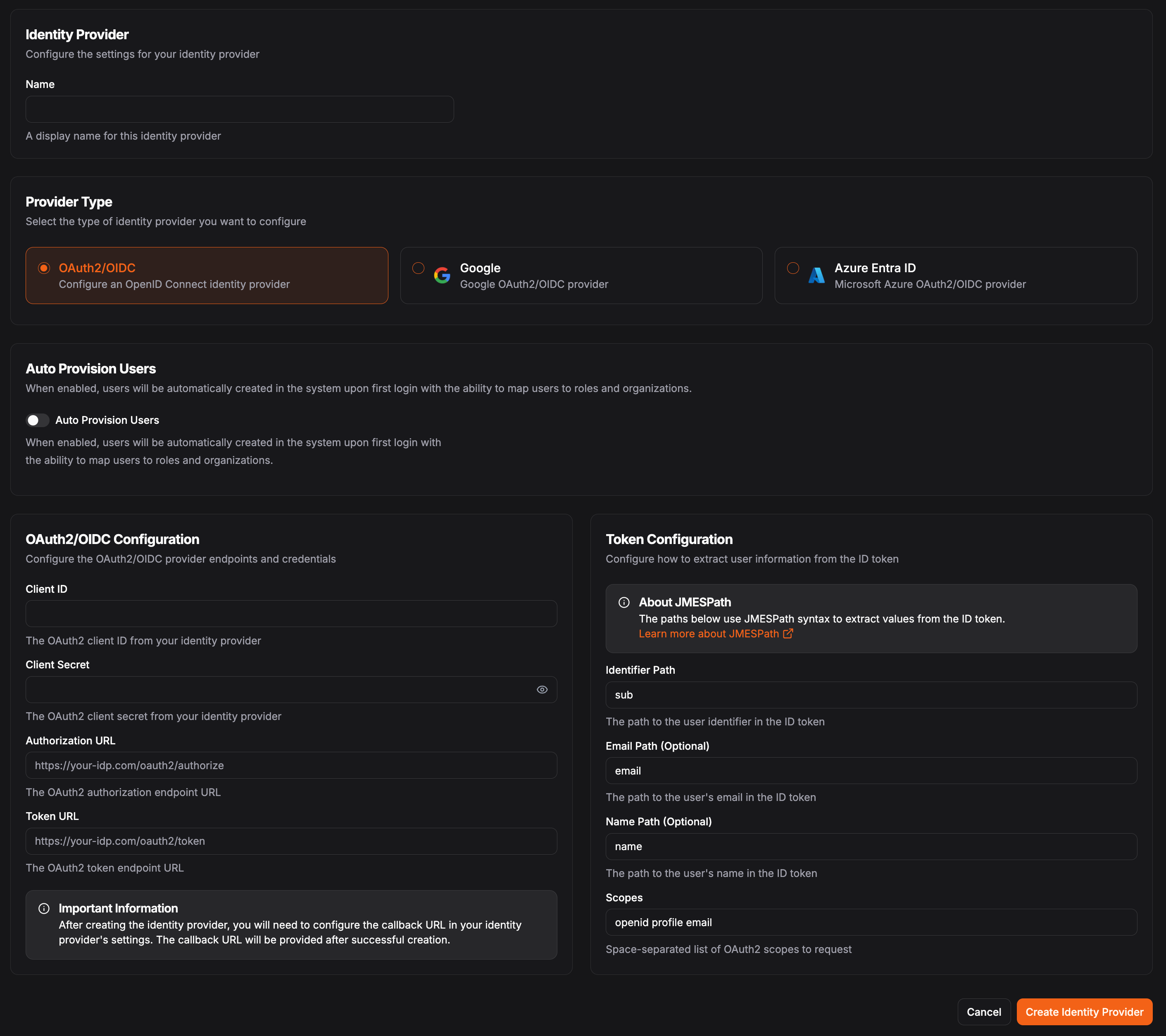 Pangolin dashboard form for adding an OAuth2/OIDC identity provider