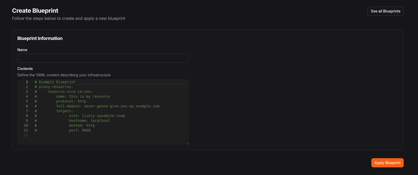 Blueprint creation page in the Pangolin dashboard