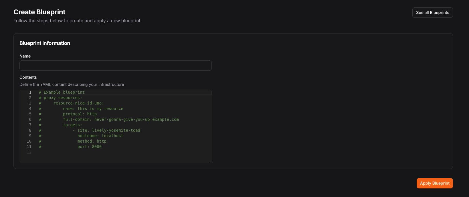 Blueprint creation page in the Pangolin dashboard