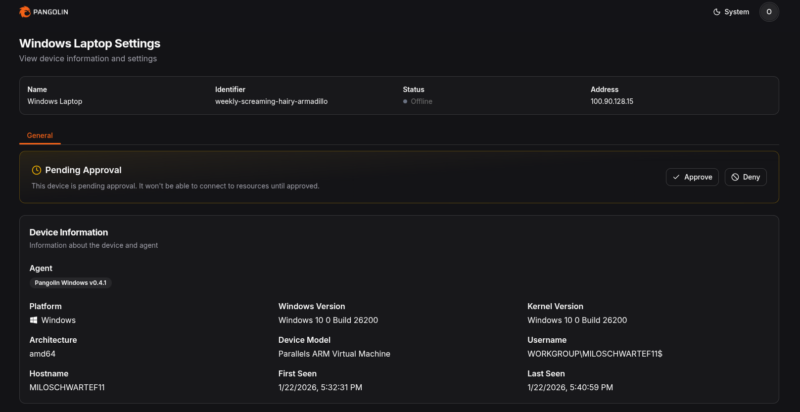 Device marked pending approval in the Pangolin dashboard