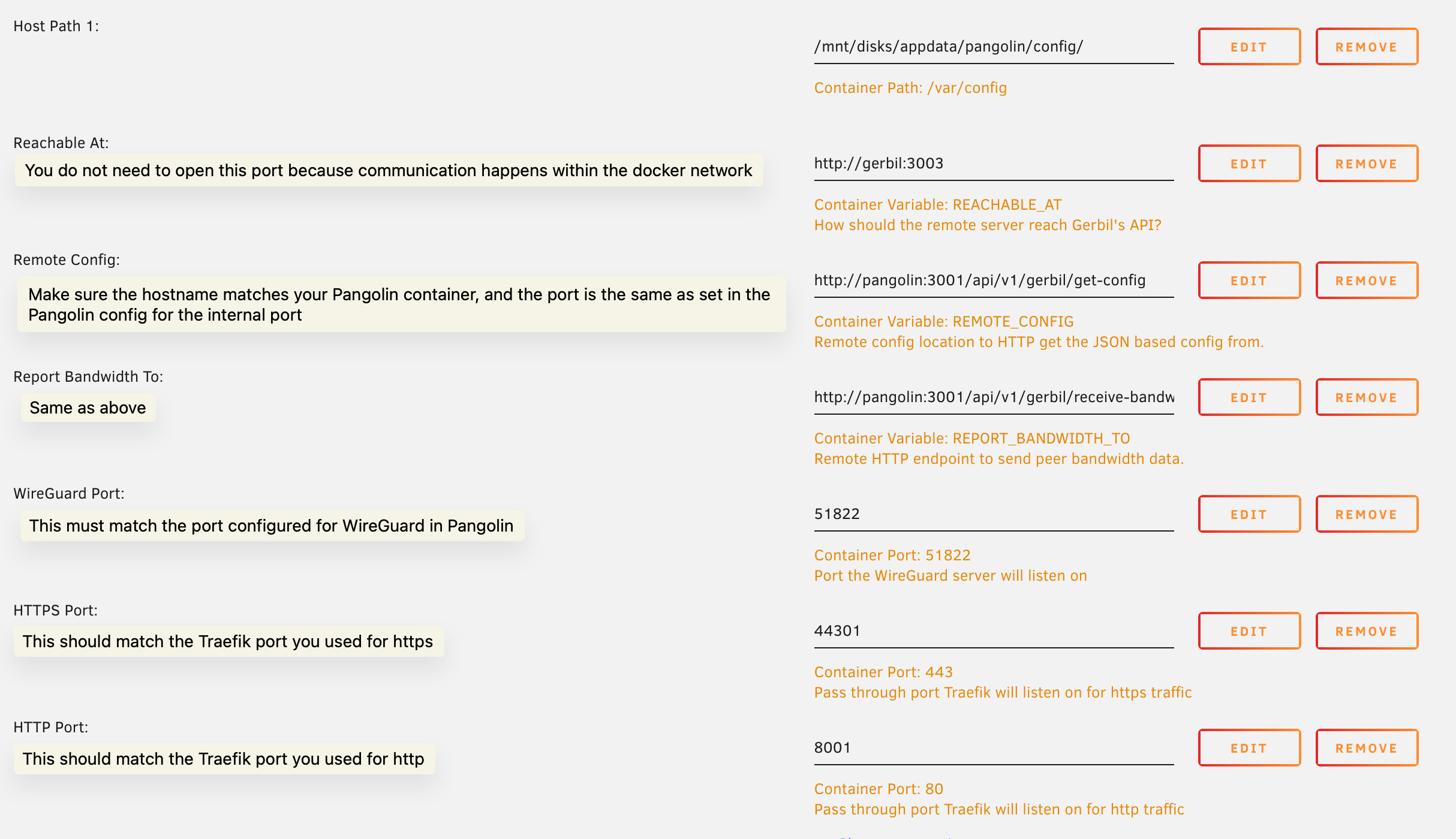 Gerbil configuration settings in Unraid