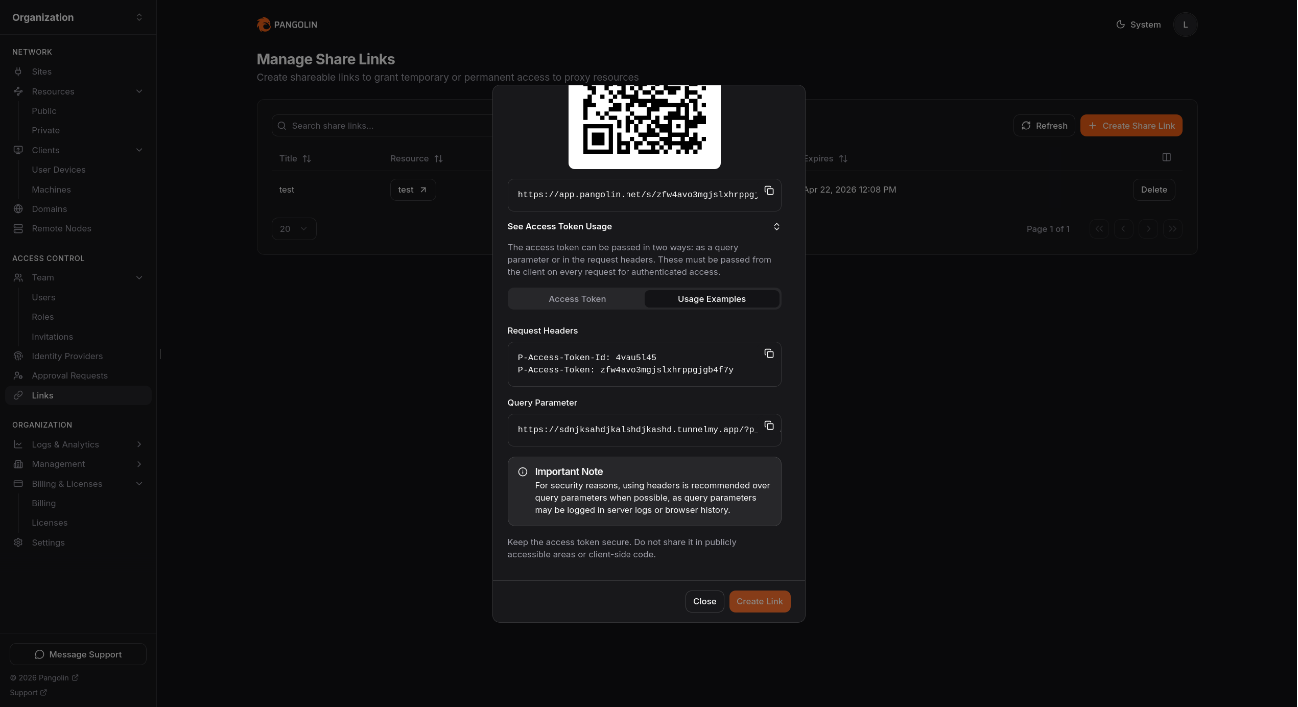 Access token usage examples for a shareable link