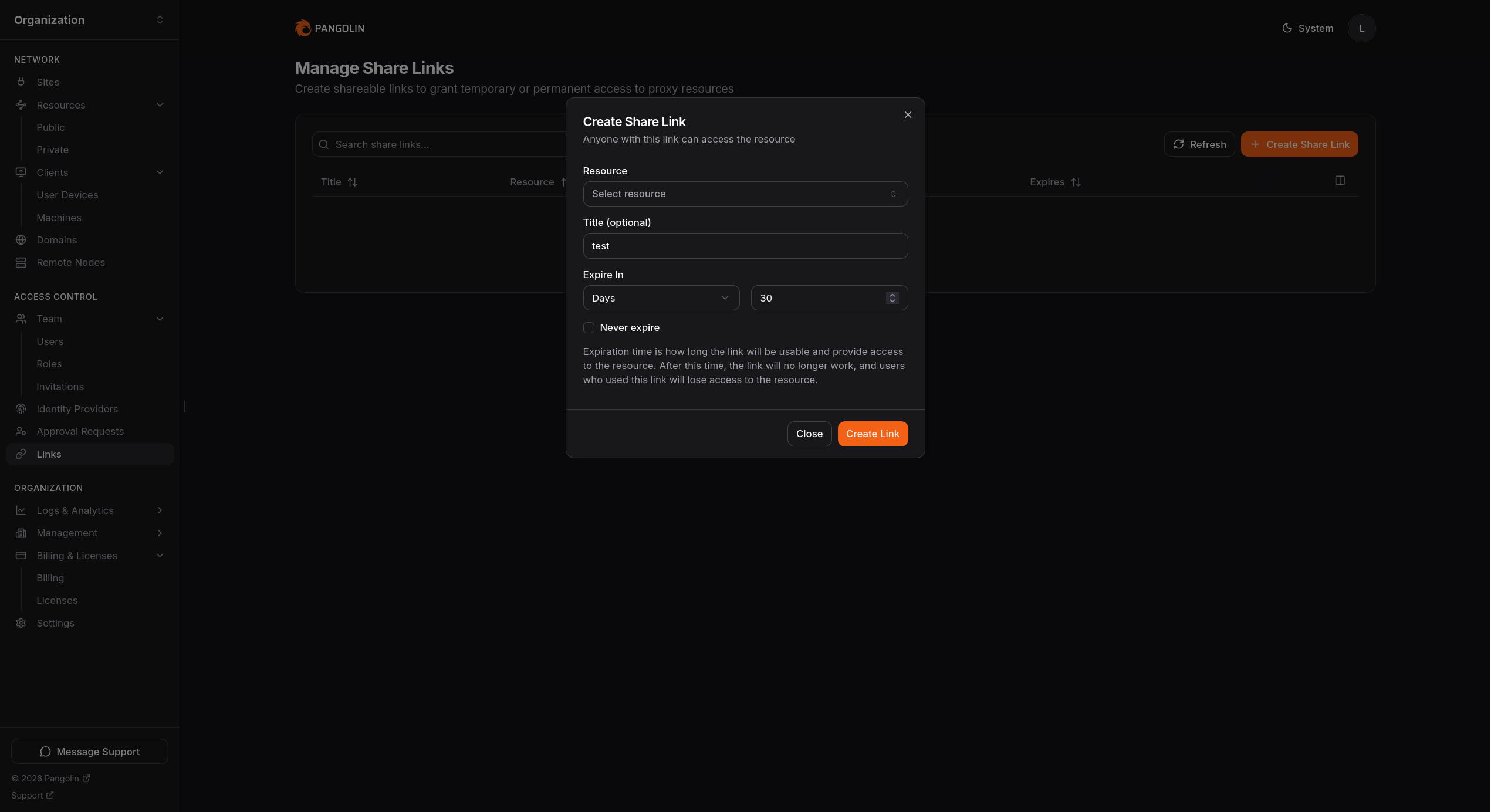 Create a Link modal