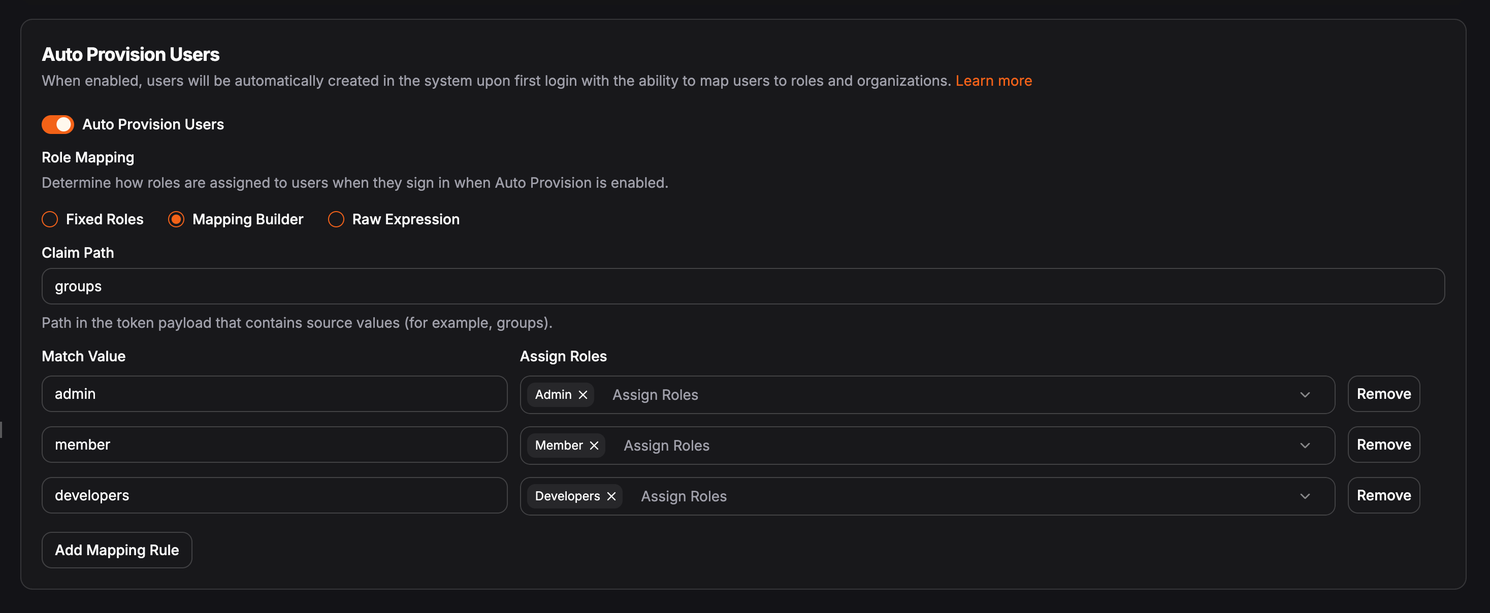 Auto provision users setting in the Pangolin dashboard