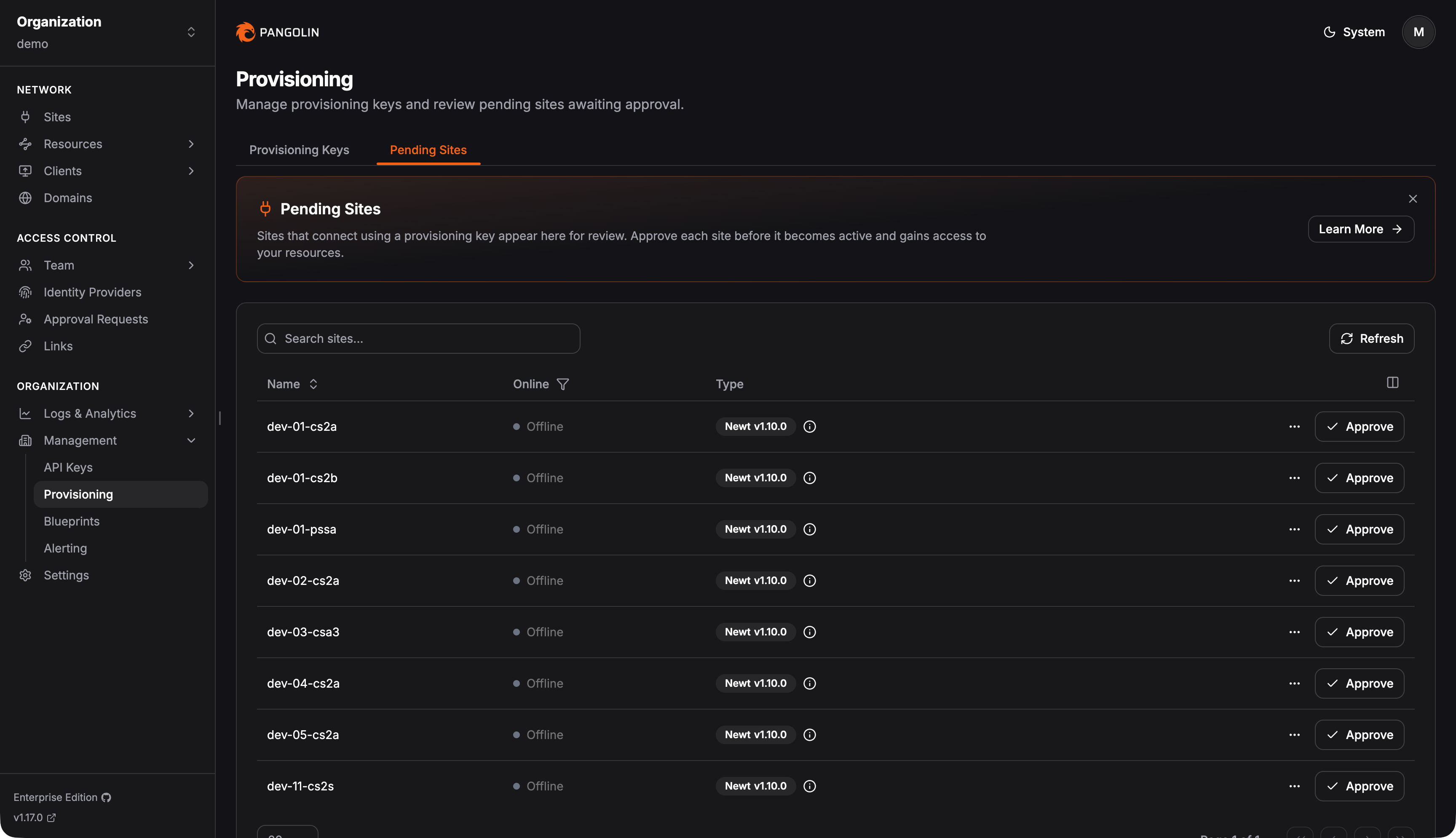 Pending sites listed for admin review