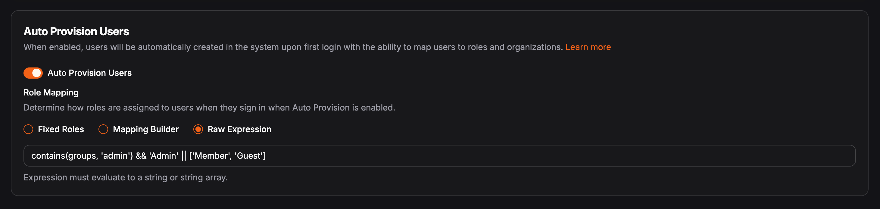 Raw expression role mapping in the Pangolin dashboard