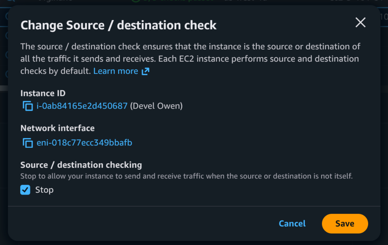 AWS dialog checkbox disabling the source/destination check