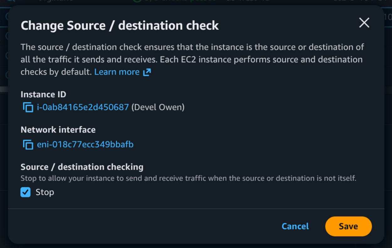 AWS dialog checkbox disabling the source/destination check