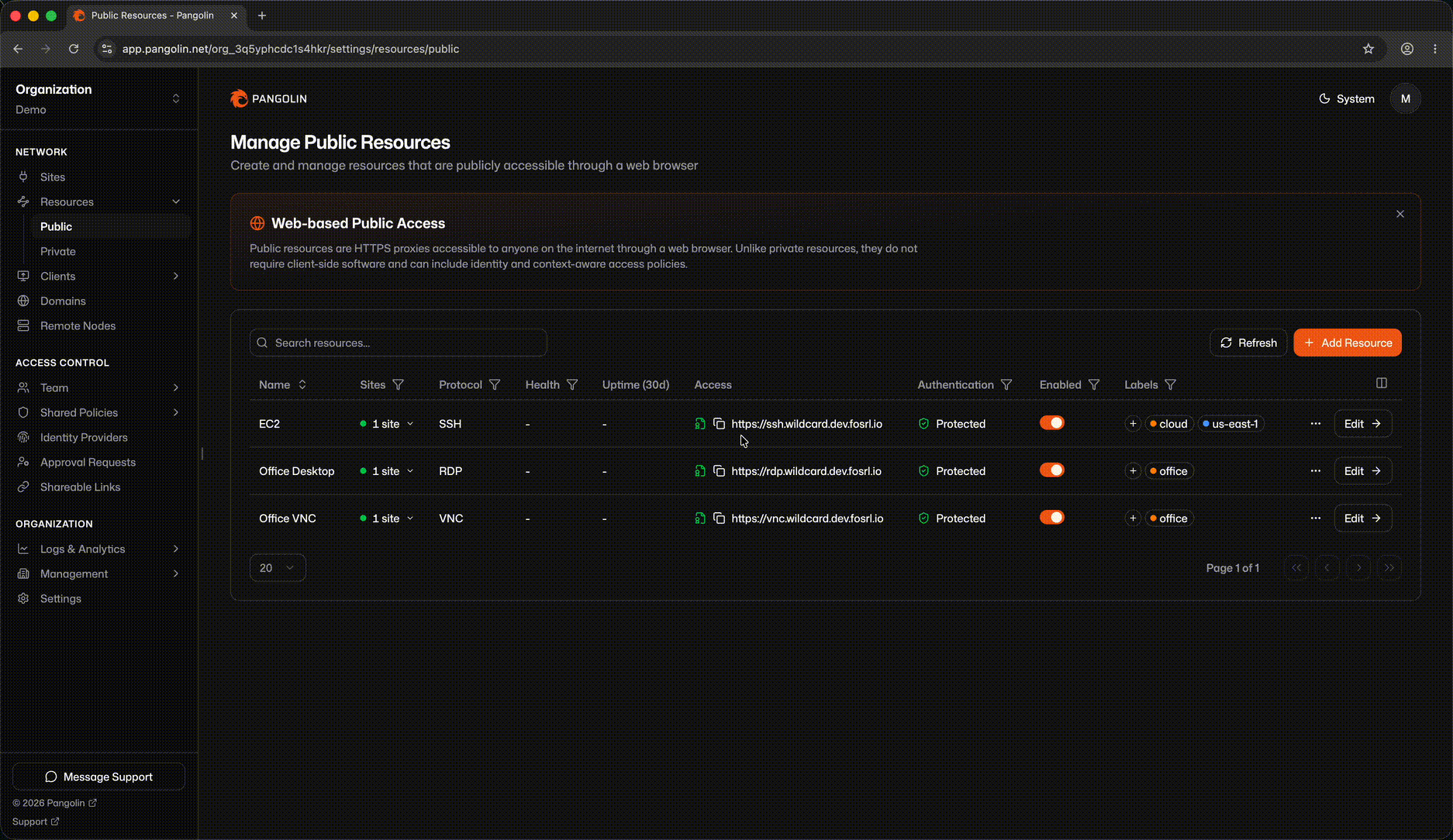 Interactive SSH terminal rendered in the Pangolin web dashboard