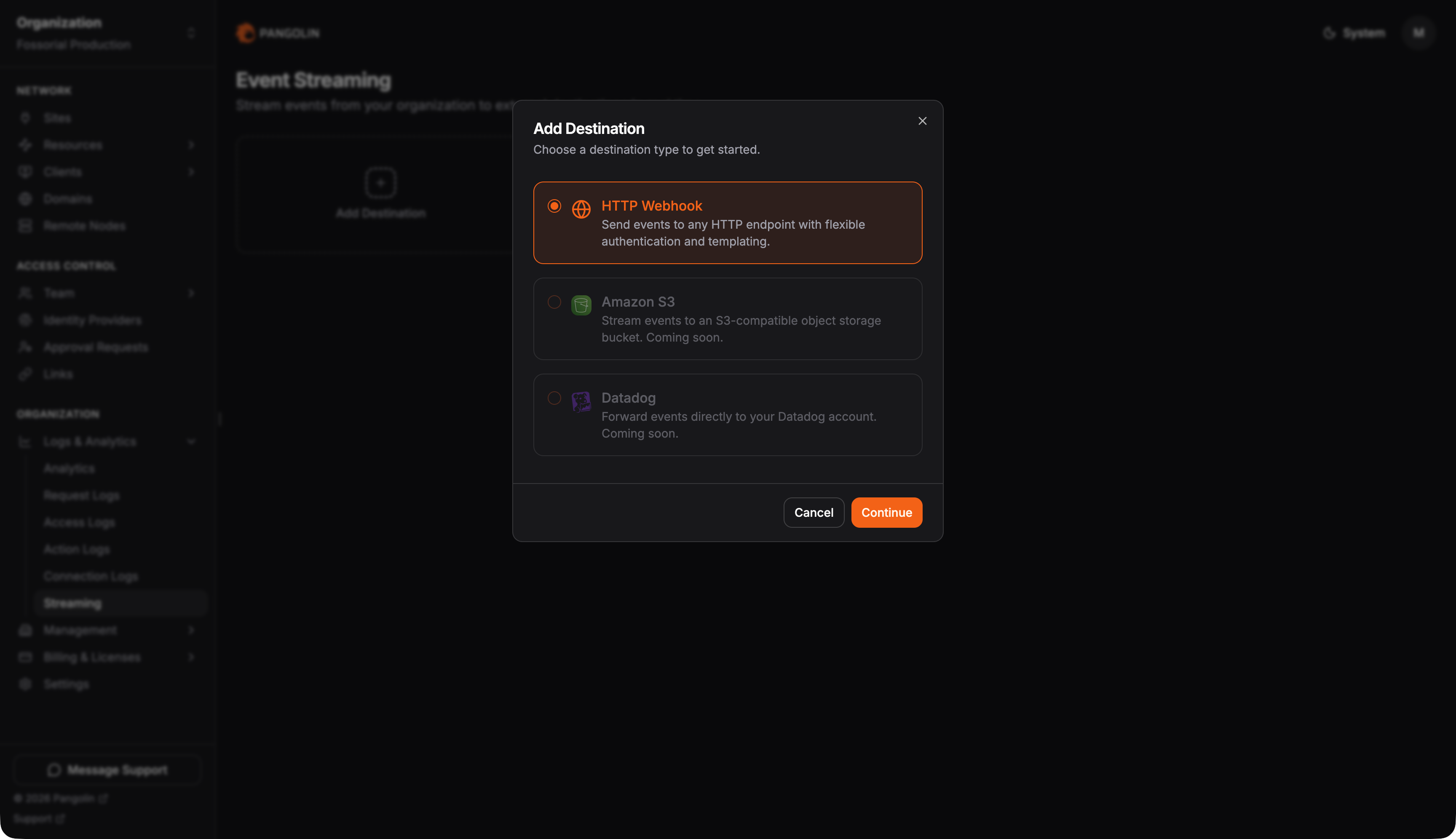 Add destination dialog in the Pangolin dashboard