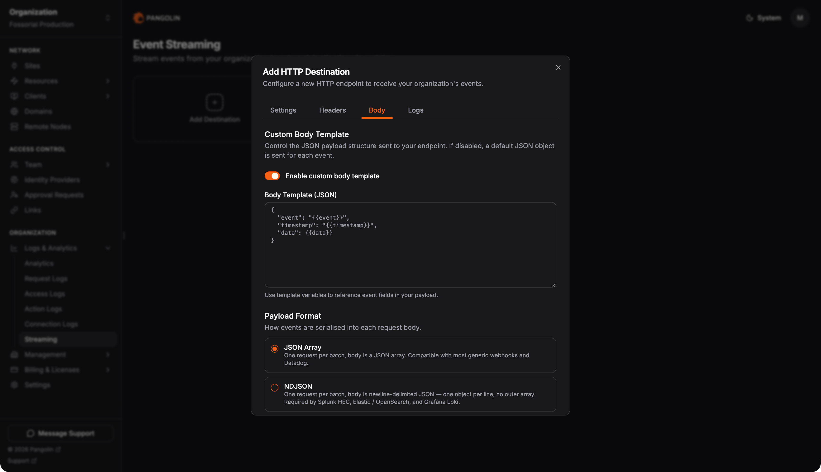 Body tab with custom body template editor