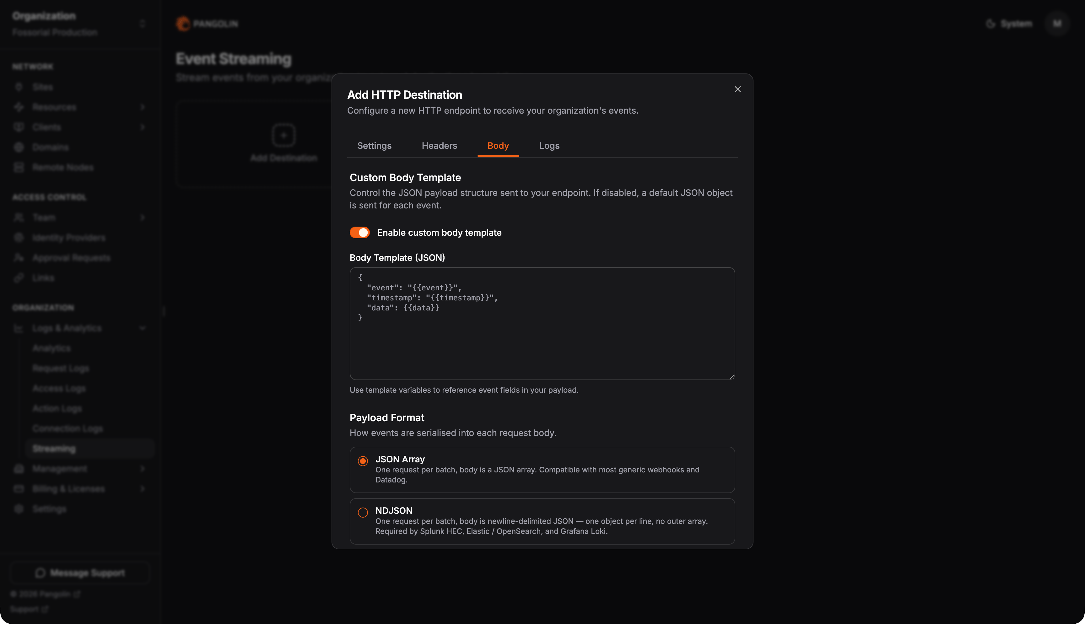 Body tab with custom body template editor