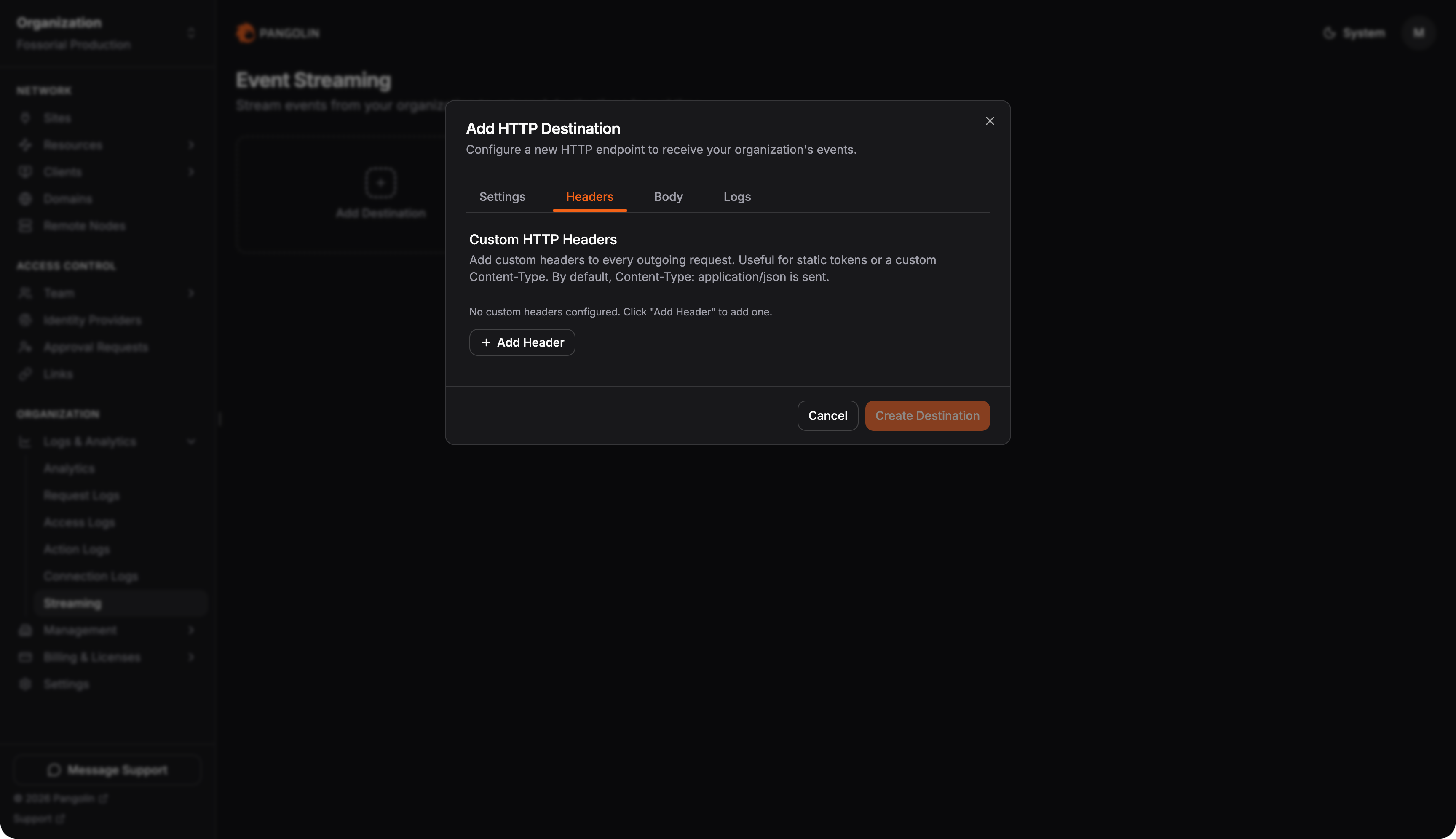 Headers tab for adding static HTTP headers