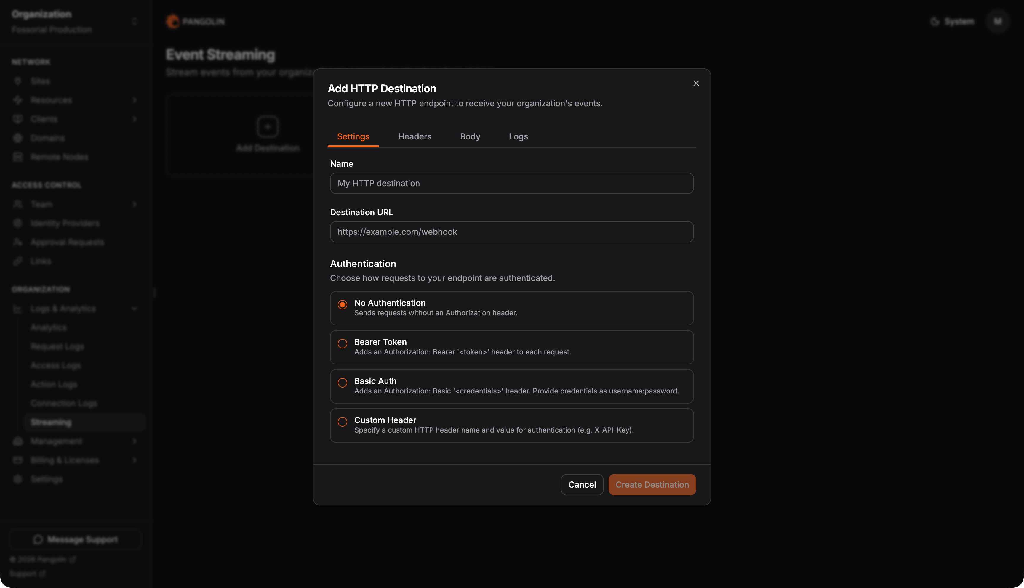 HTTP destination settings with URL and authentication options