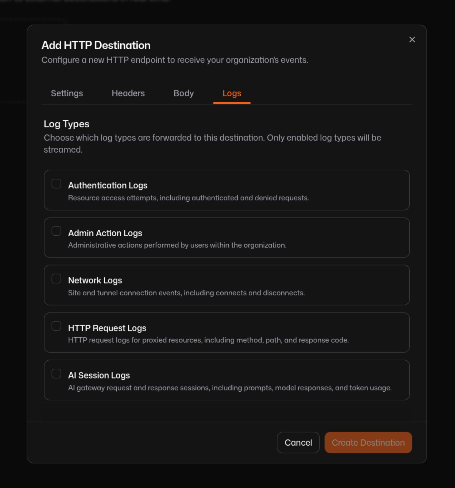 Log type selection for a streaming destination