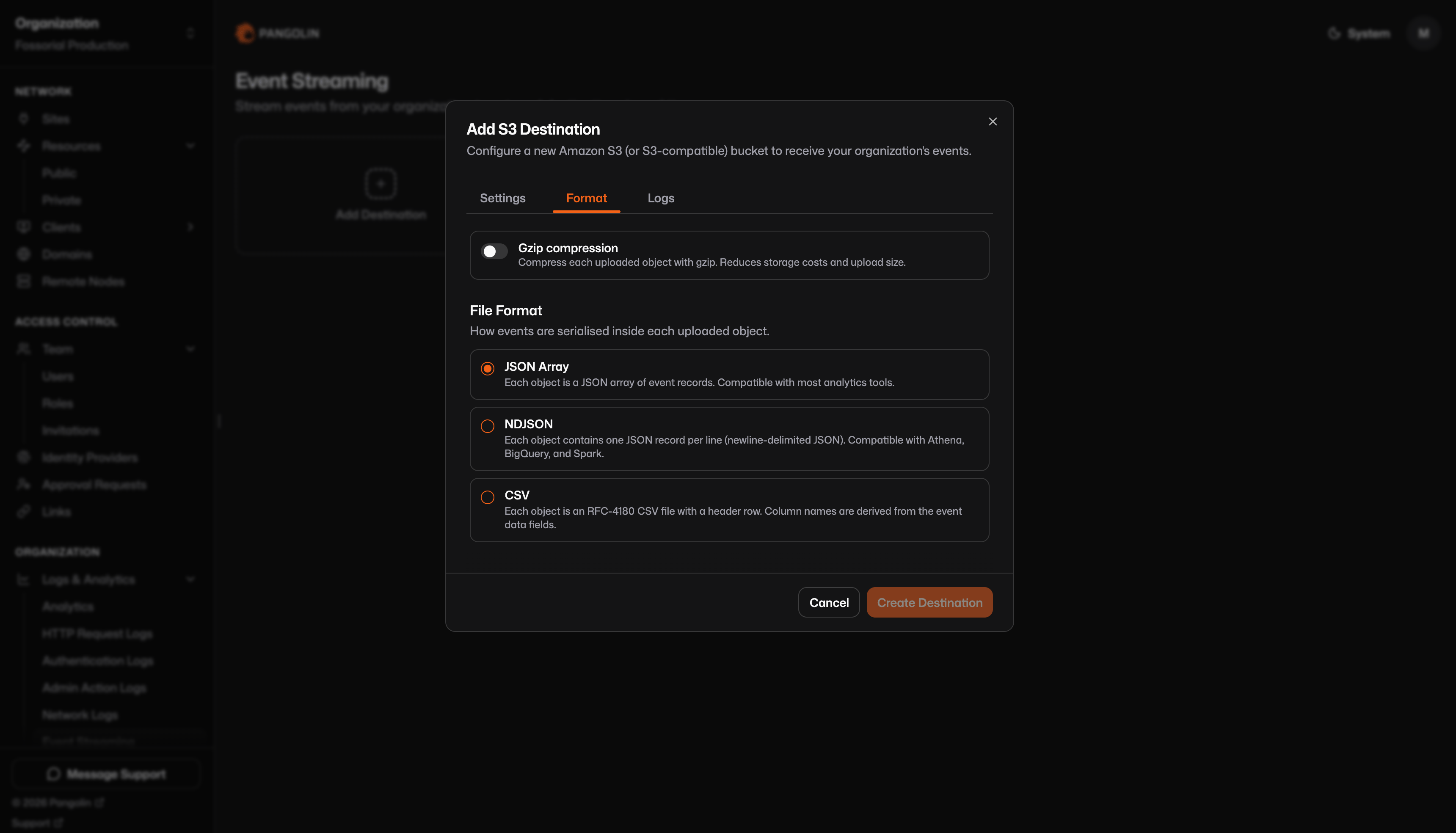 Format tab with file format and gzip options