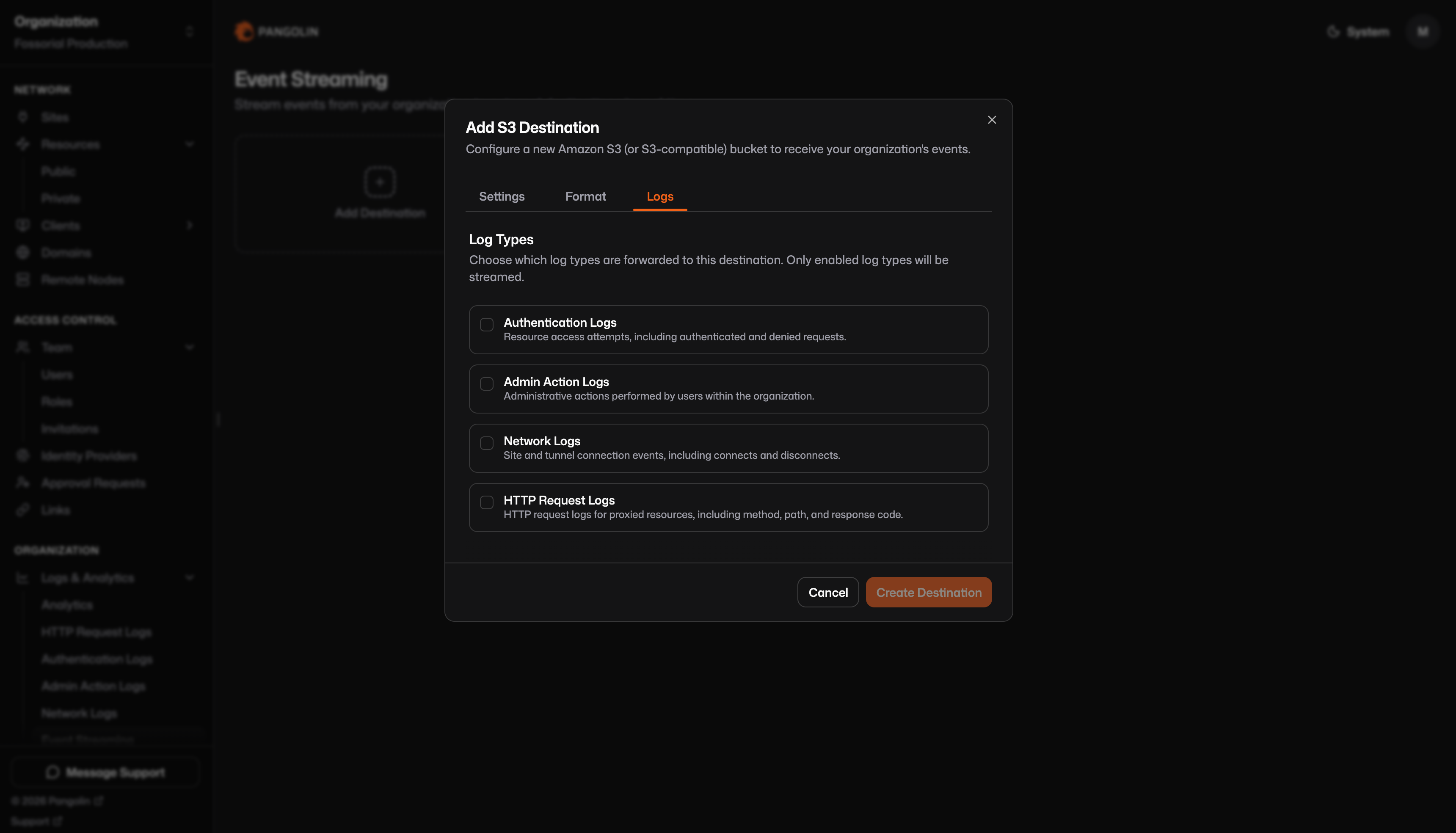 Logs tab for selecting streamed log types
