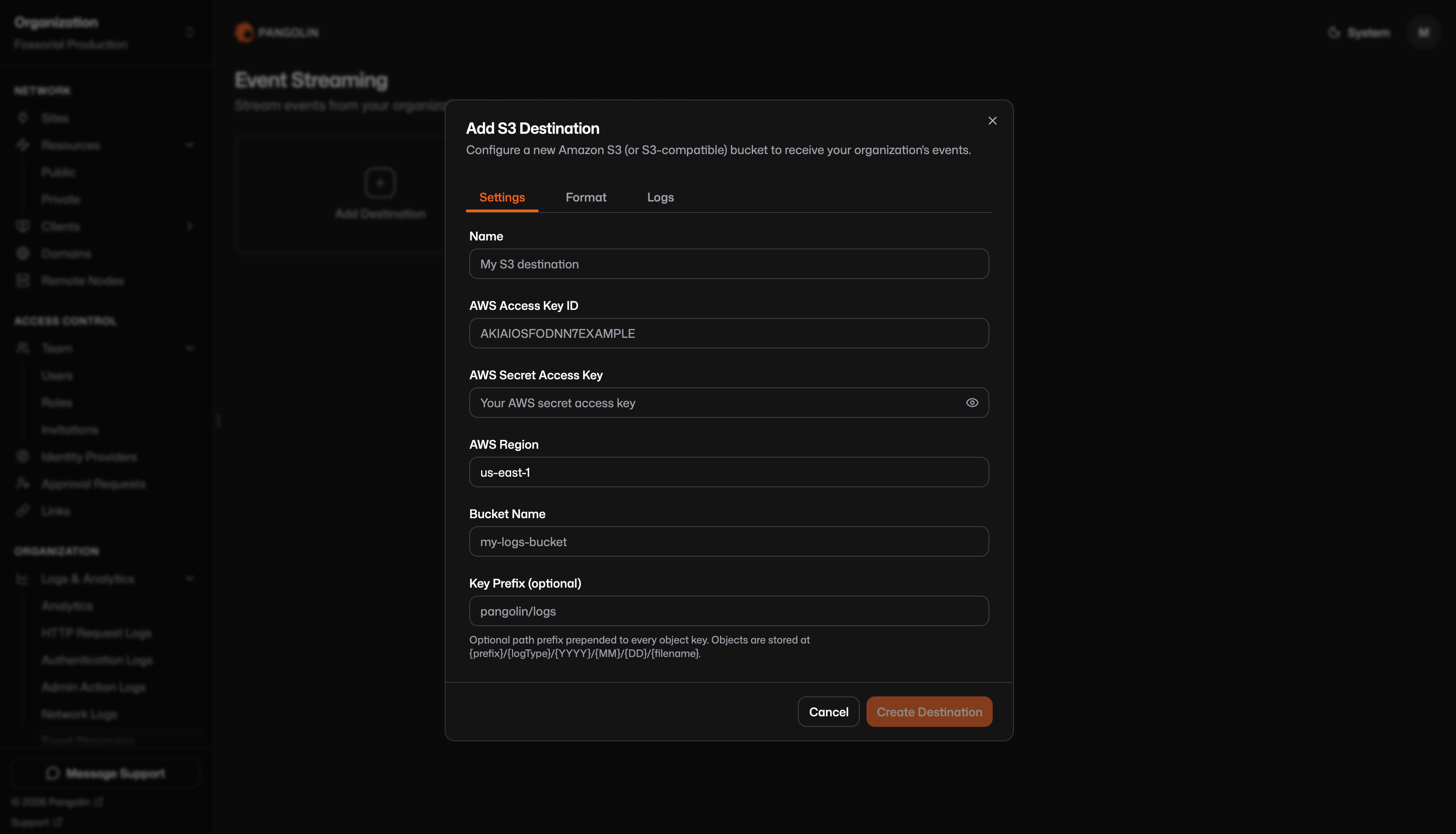 S3 destination settings with credentials, region, and bucket