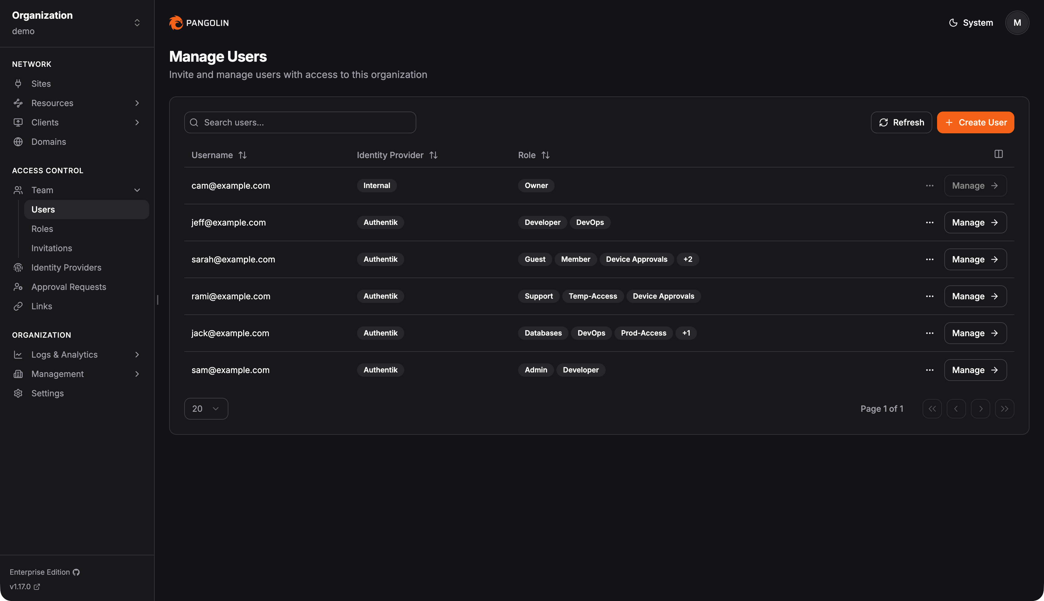 Users table in the Pangolin dashboard