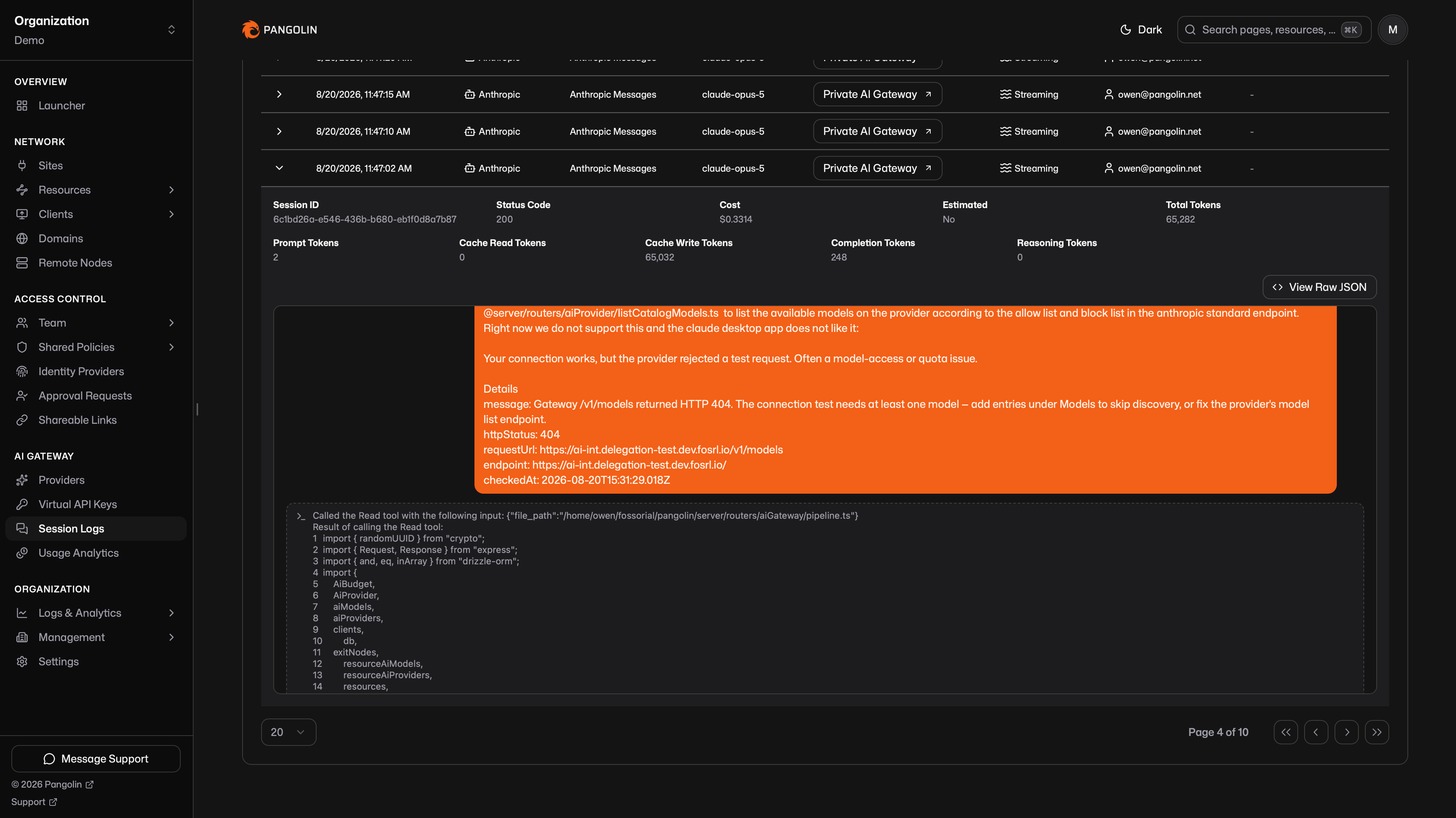 AI Gateway session logs in the Pangolin dashboard