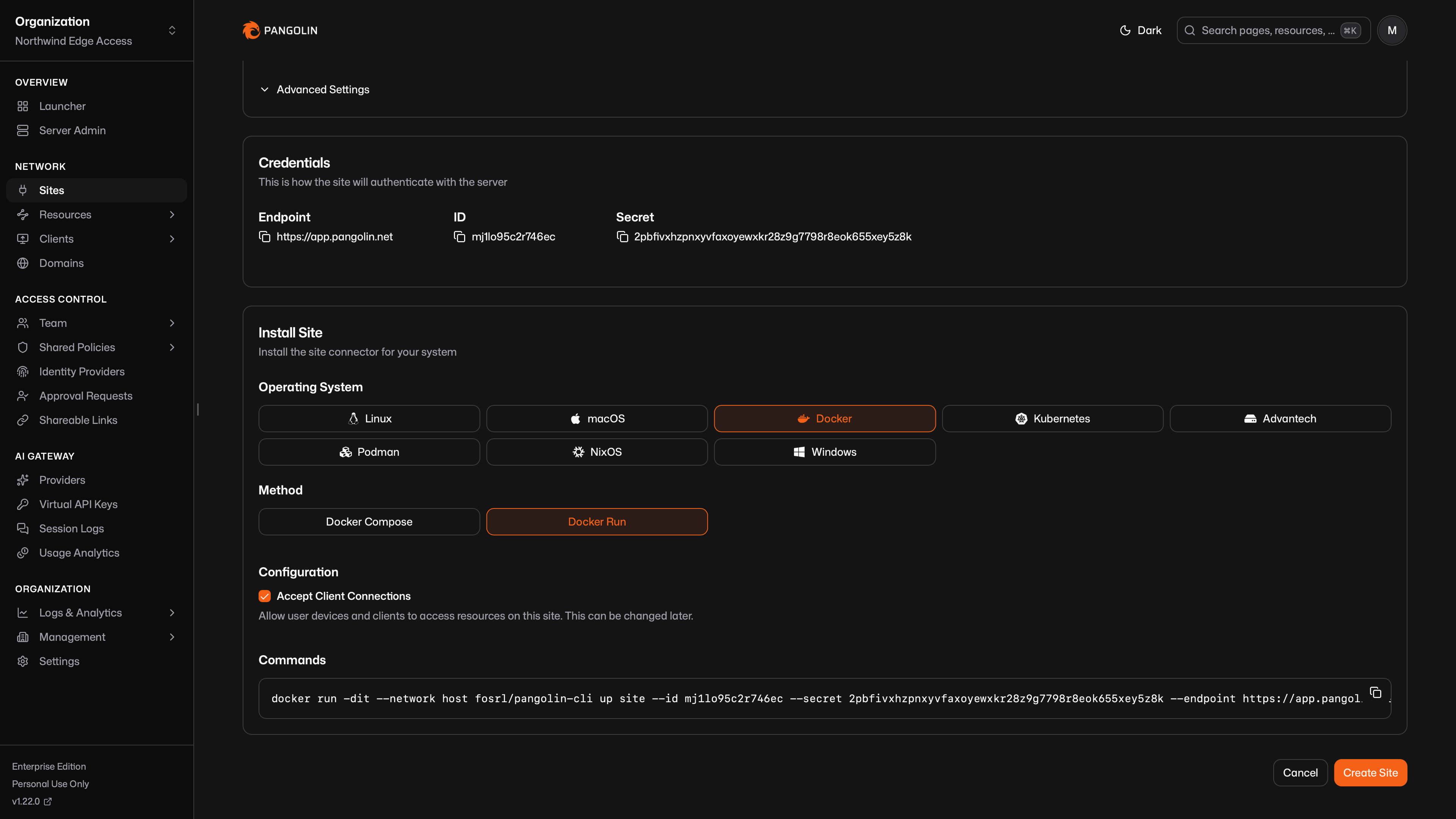 Create Site page in the Pangolin dashboard