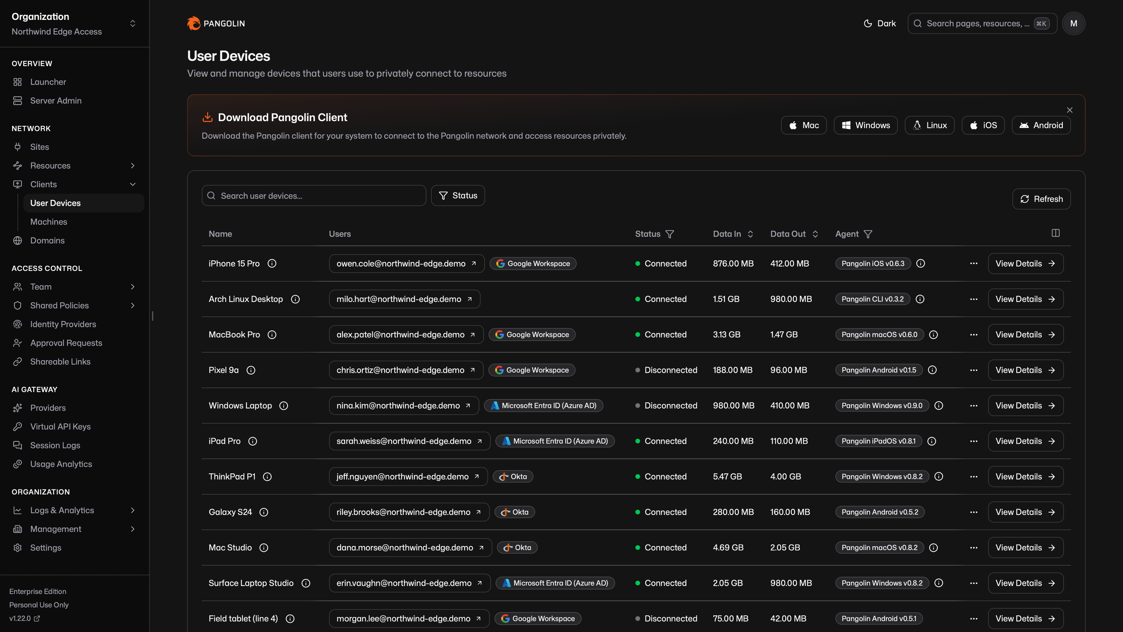 User Devices page in the Pangolin dashboard