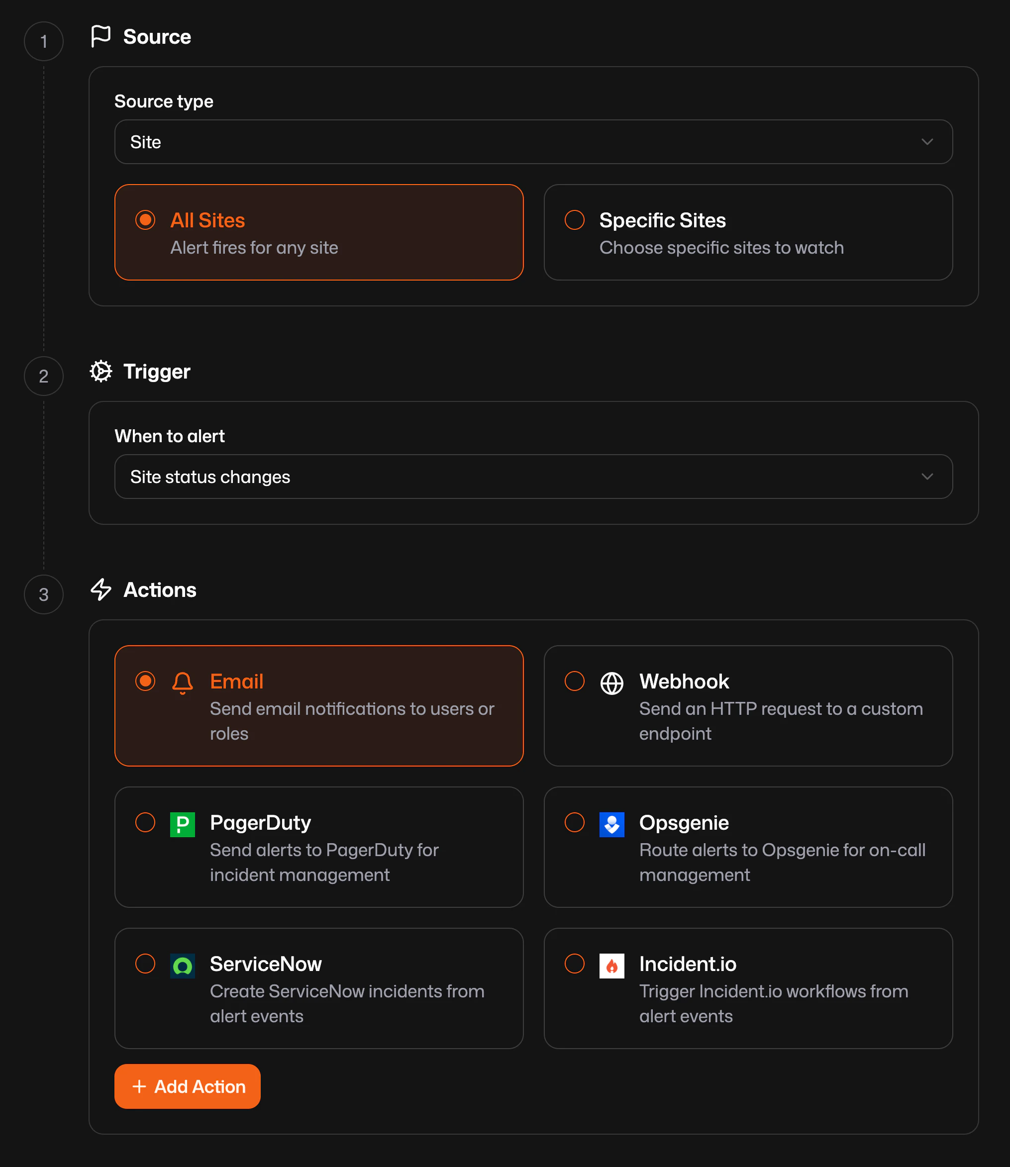 Create alert rule wizard in the Pangolin dashboard