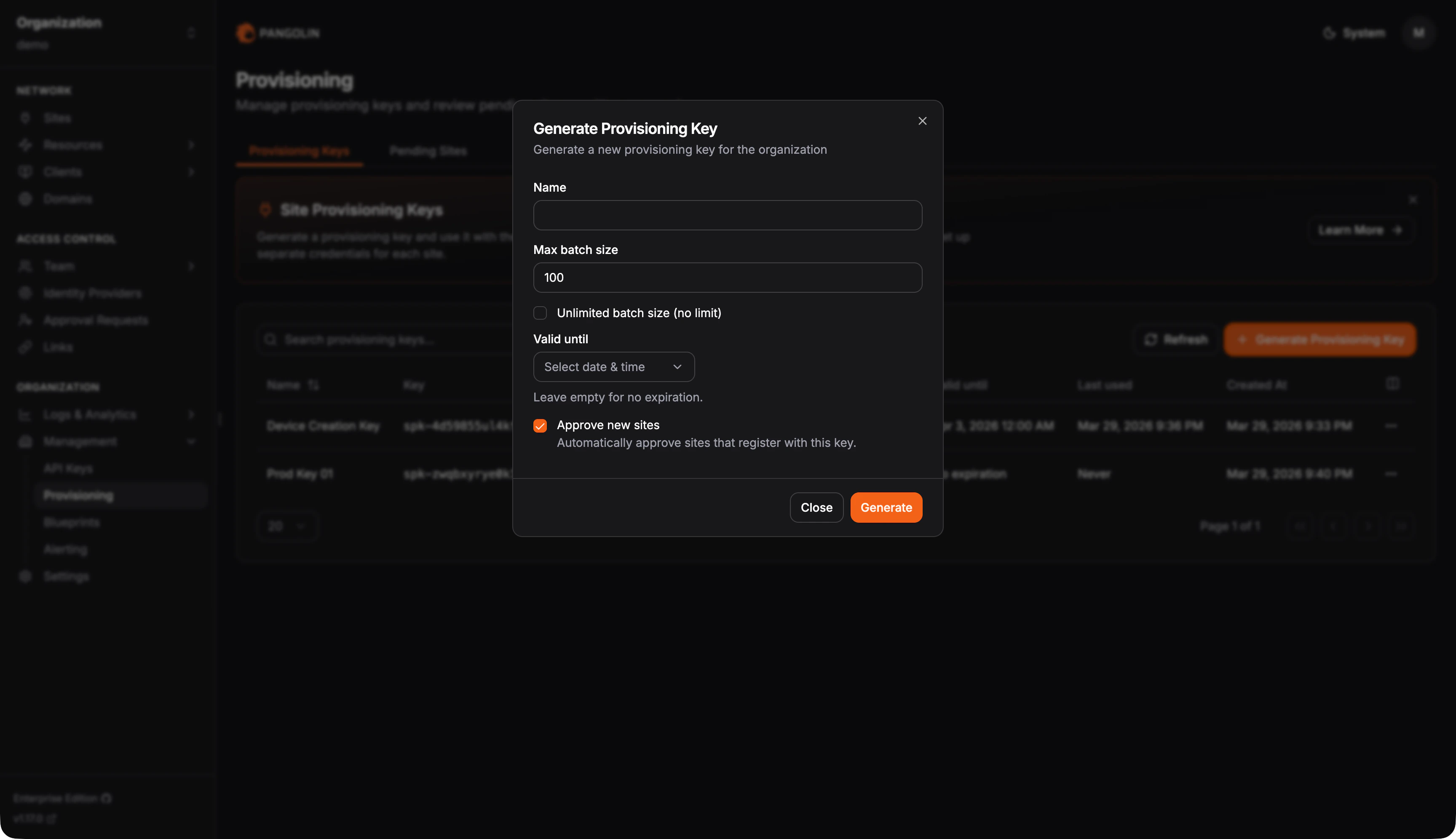 Create a provisioning key in the Pangolin dashboard