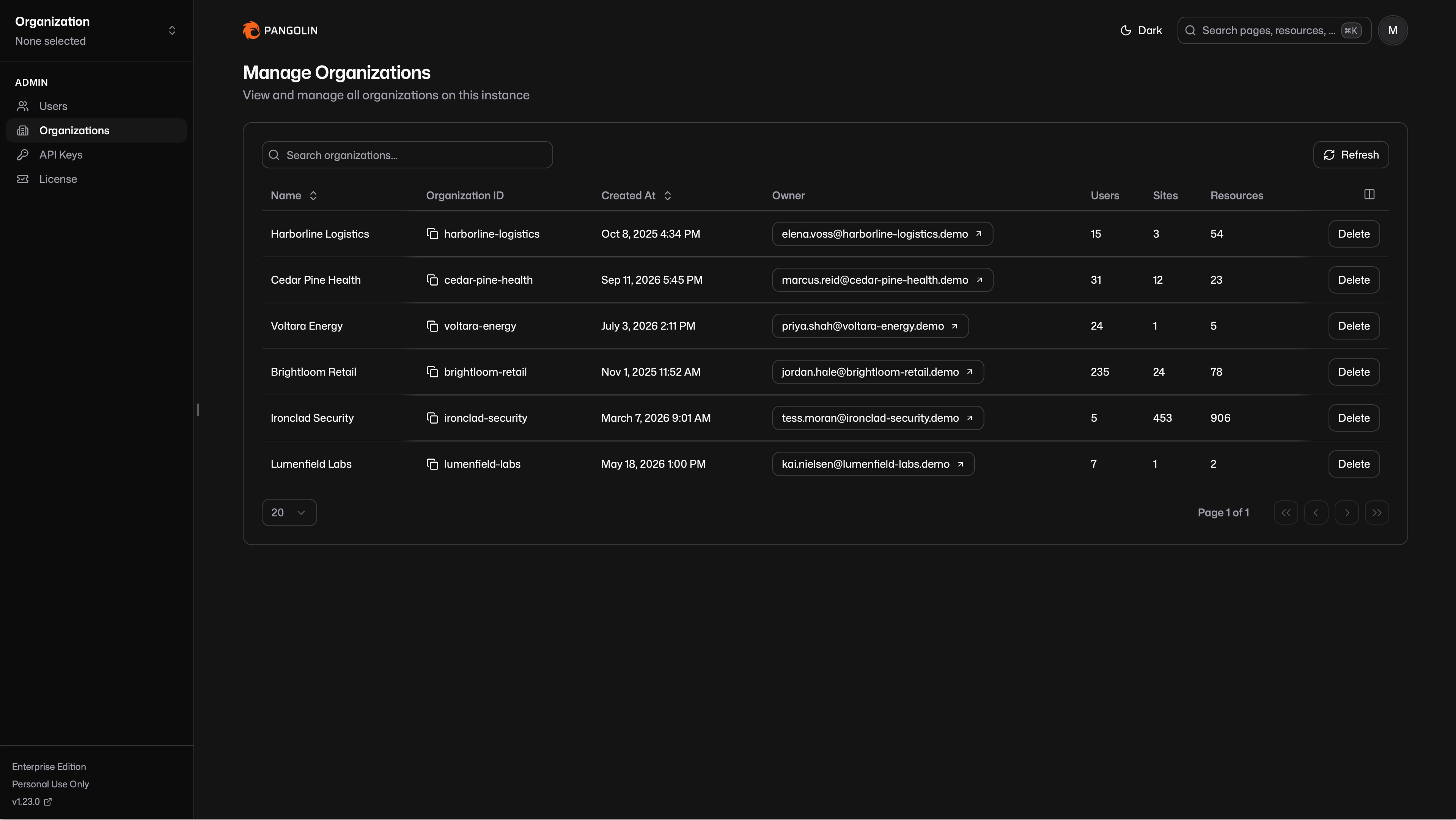 Manage Organizations table in the Pangolin server admin panel