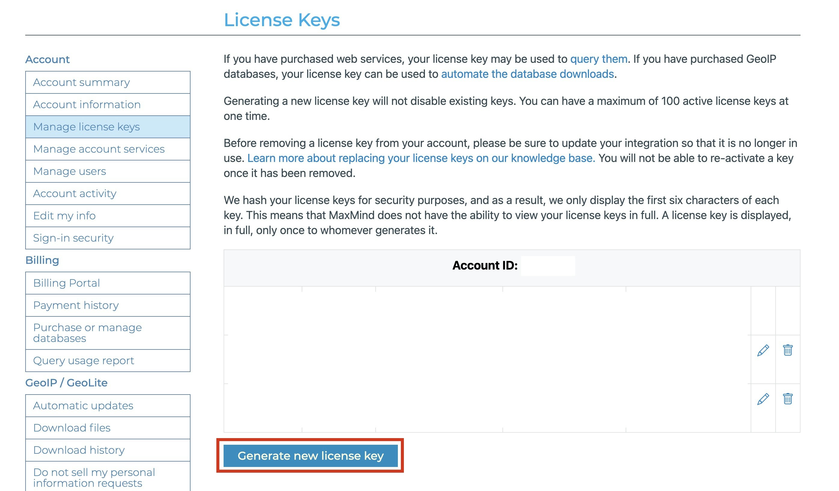 Maxmind's Manage license keys page