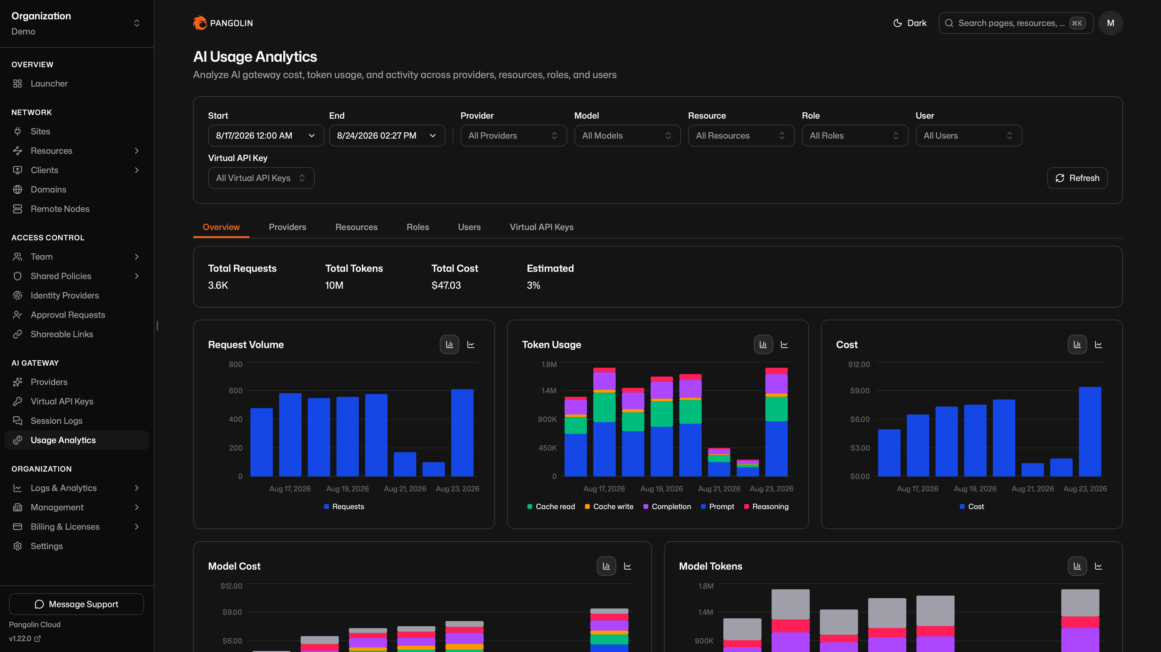 Usage analytics overview with cost, token, and request charts