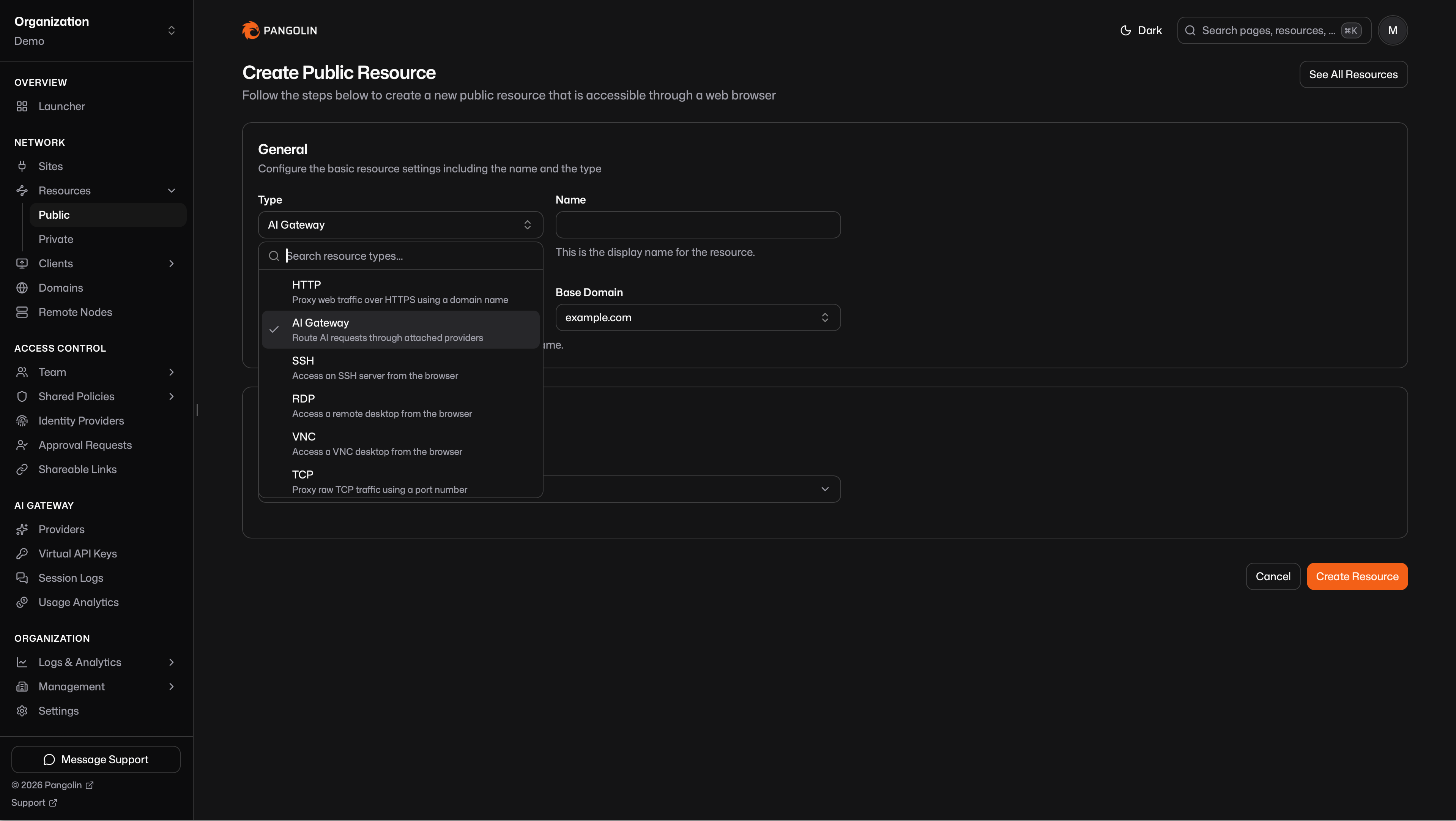 Create Public Resource form with Type set to AI Gateway