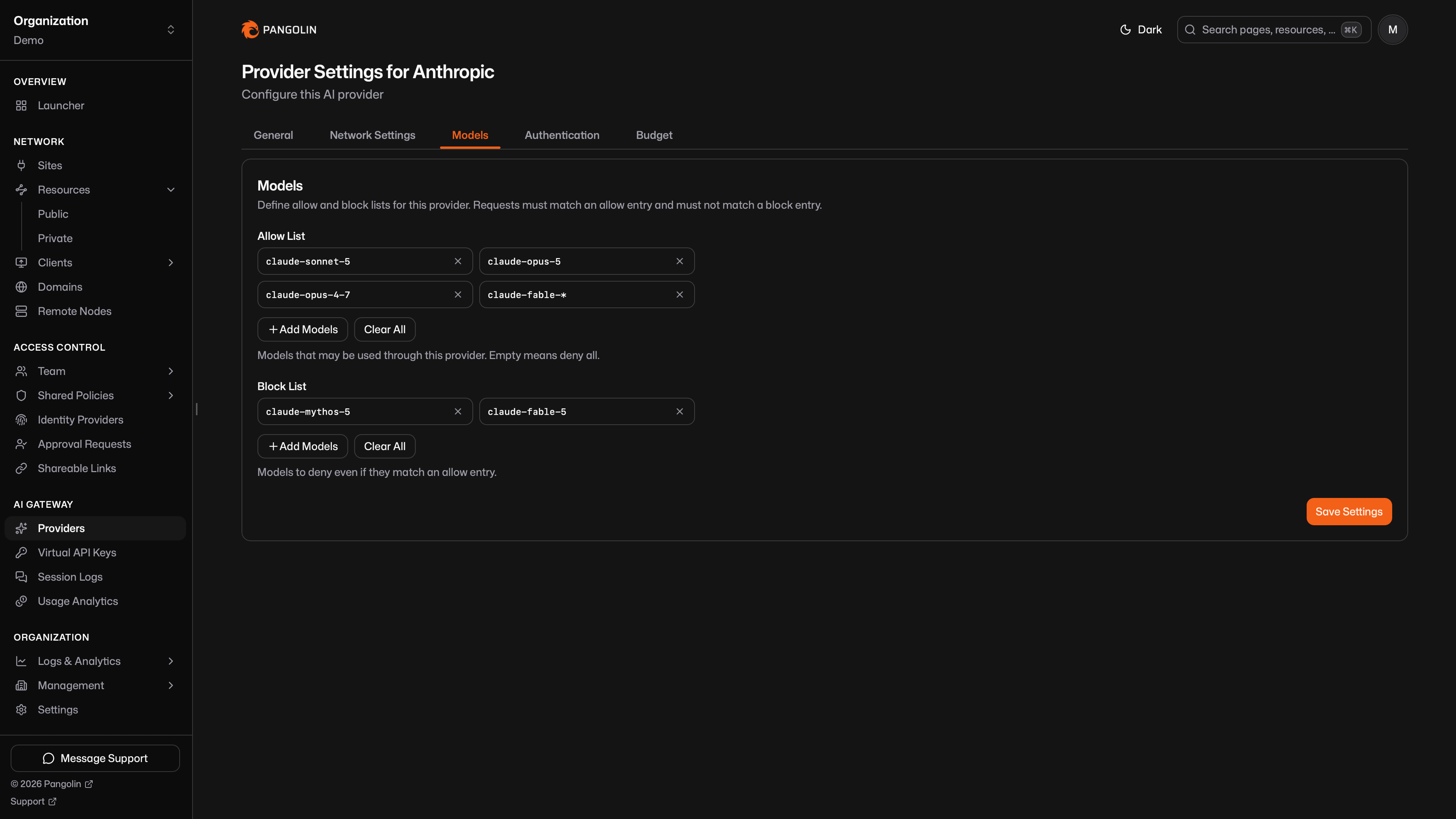 Provider Models tab with allow and block lists for Anthropic