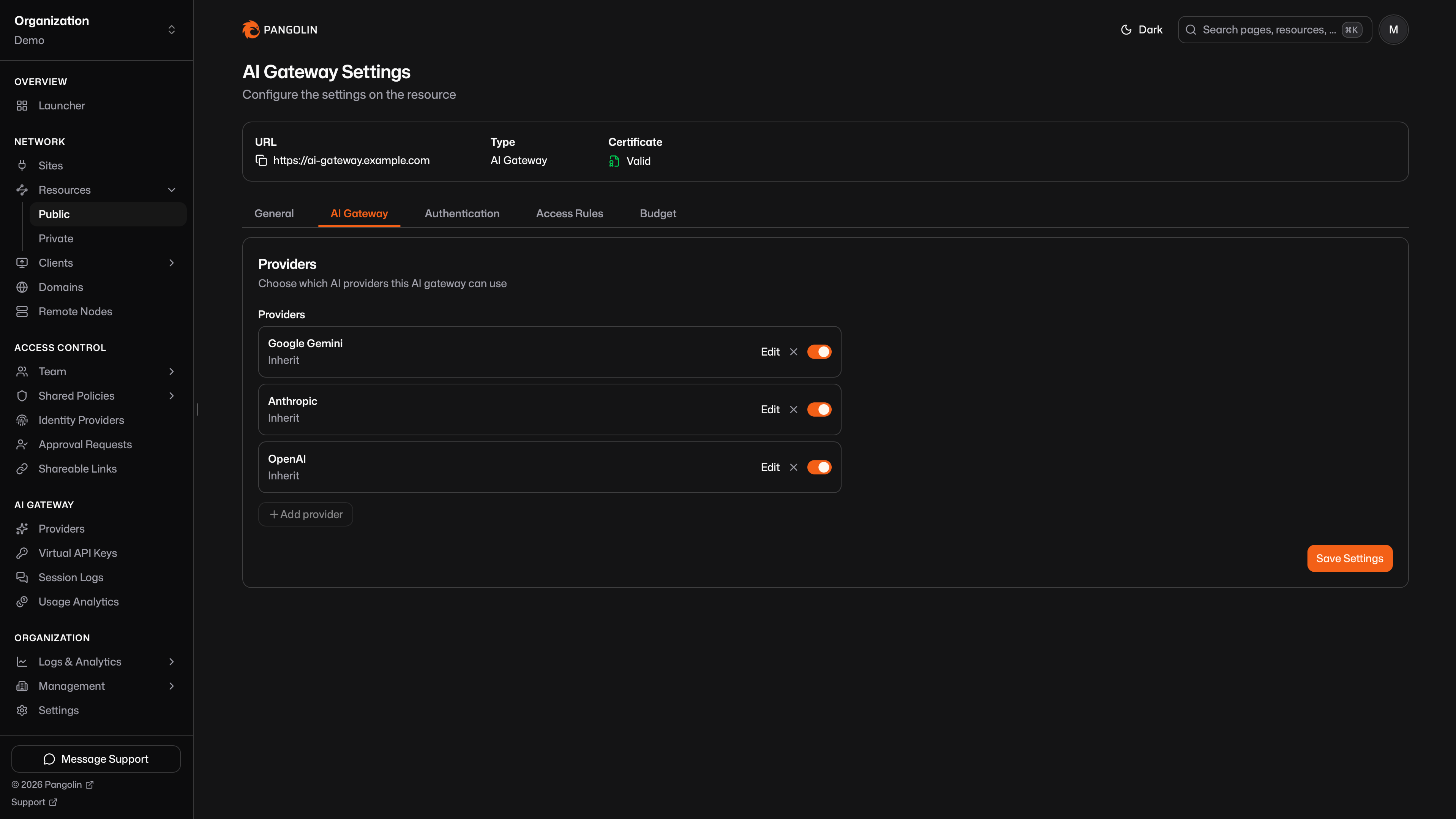 AI Gateway resource settings with attached providers