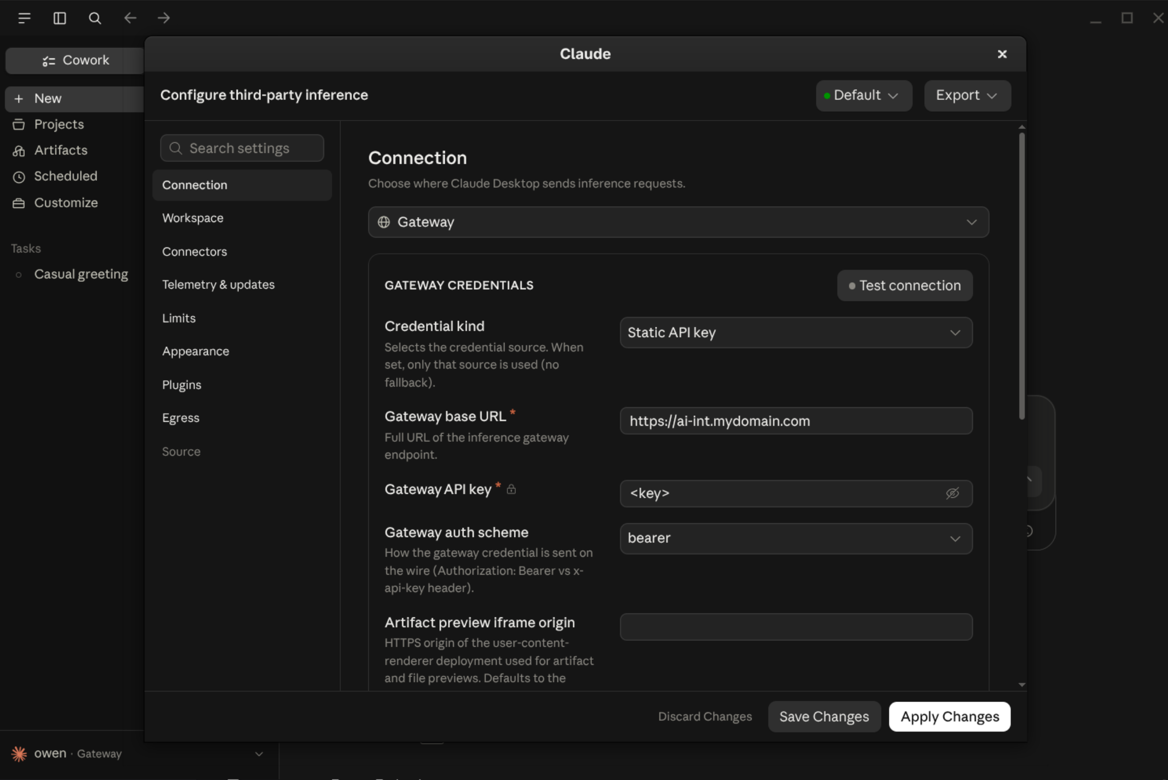 Claude Desktop third-party inference settings