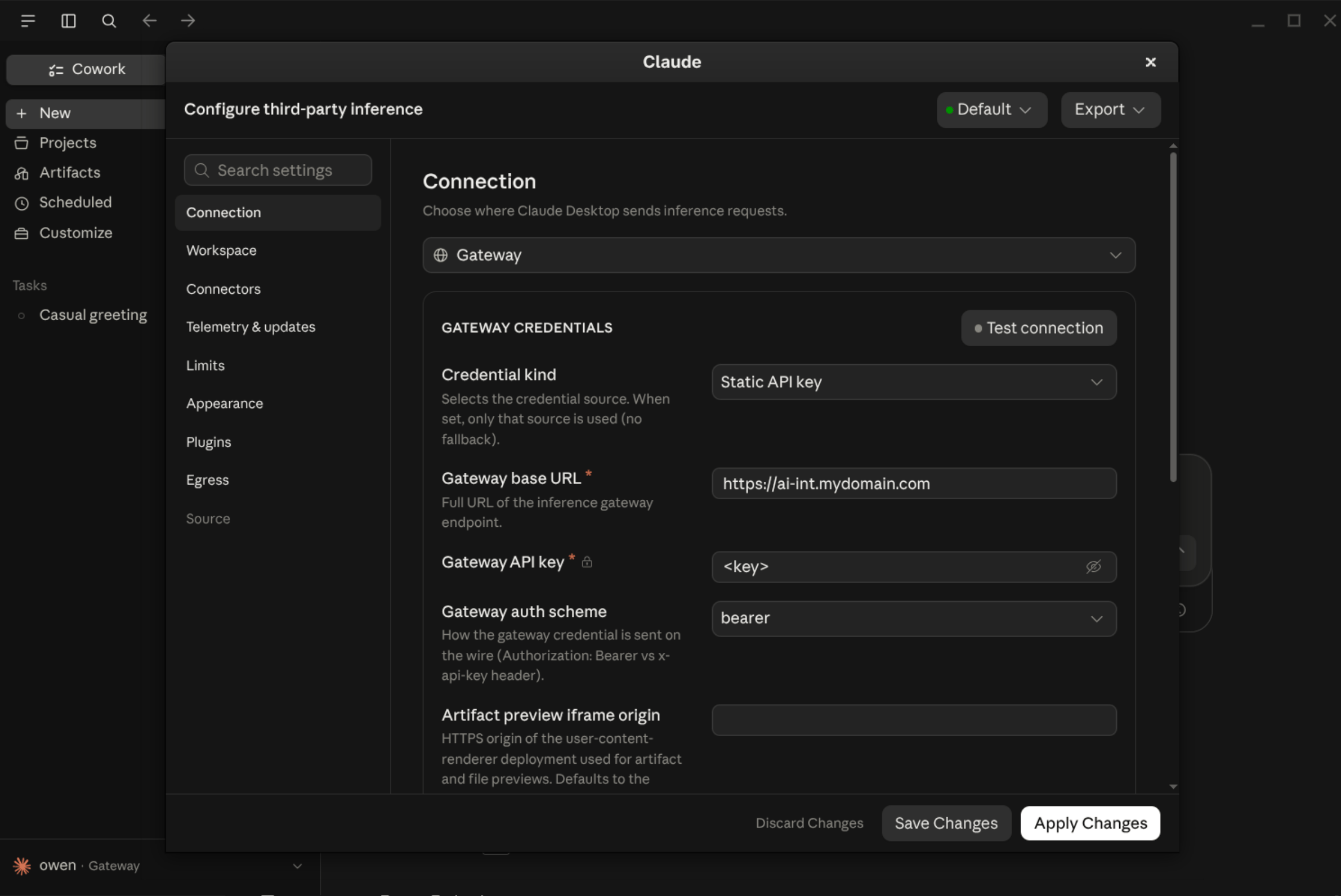 Claude Desktop third-party inference settings