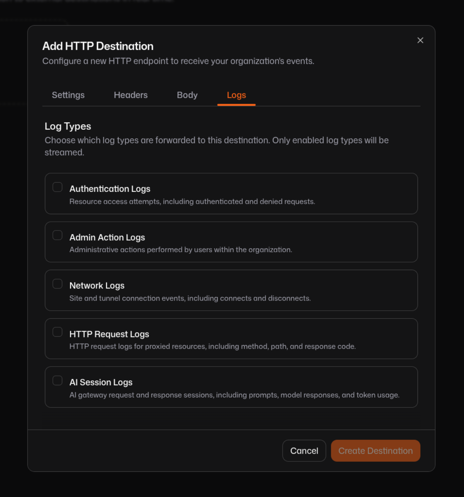 Log type selection for a streaming destination