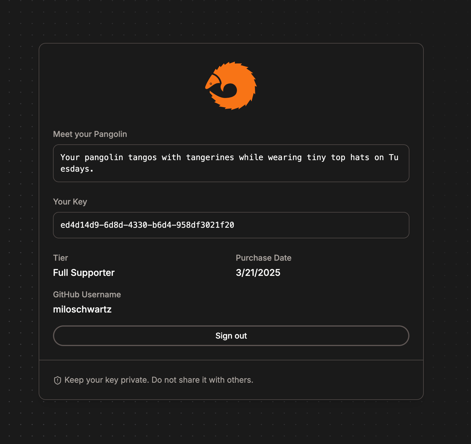 Pangolin supporter key redemption interface