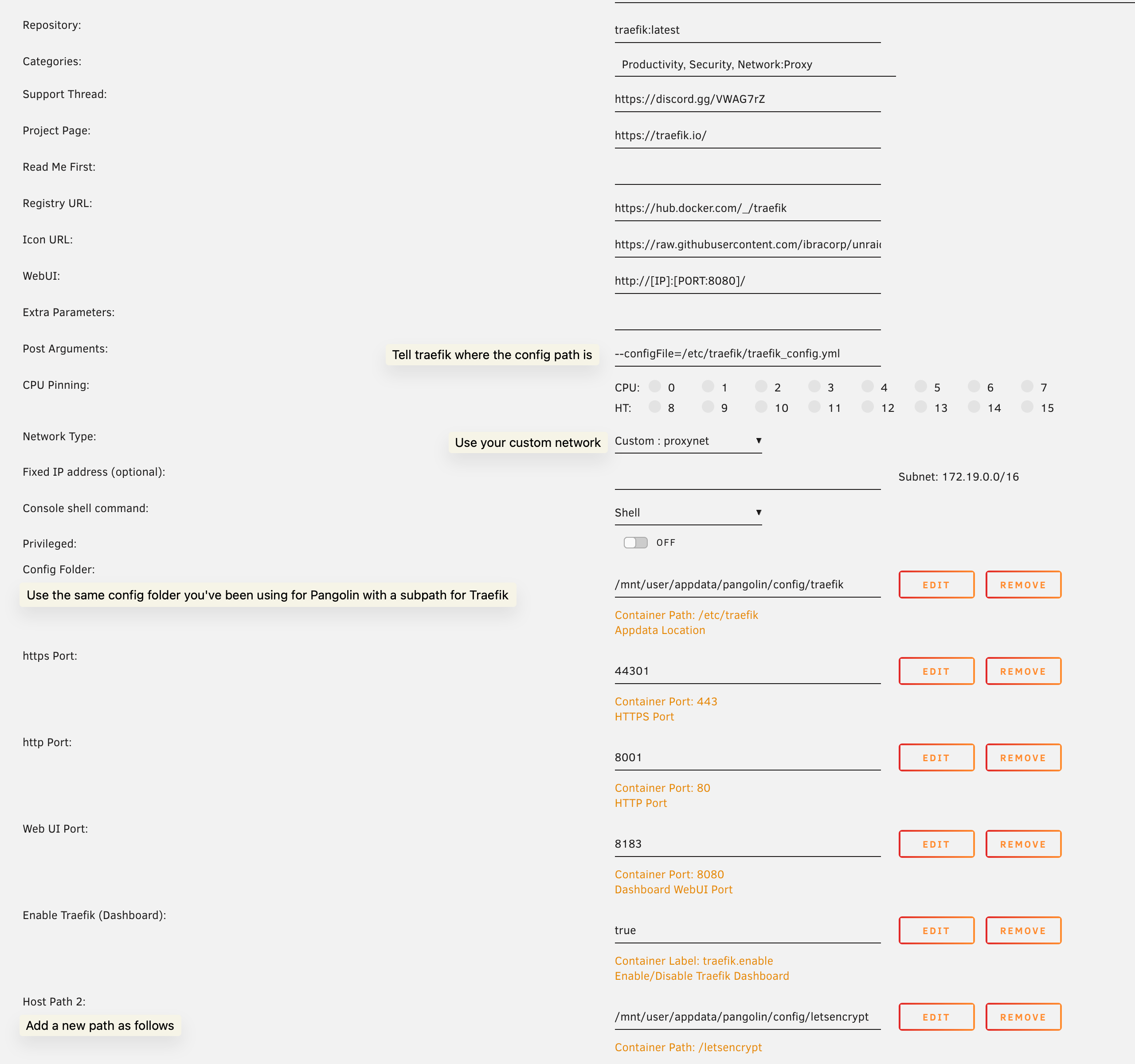 Traefik configuration settings in Unraid