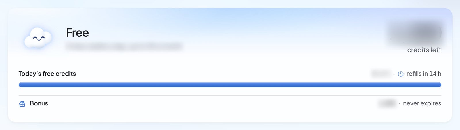 The Free plan’s card in Settings › Plans & credit usage, with Today’s free credits.