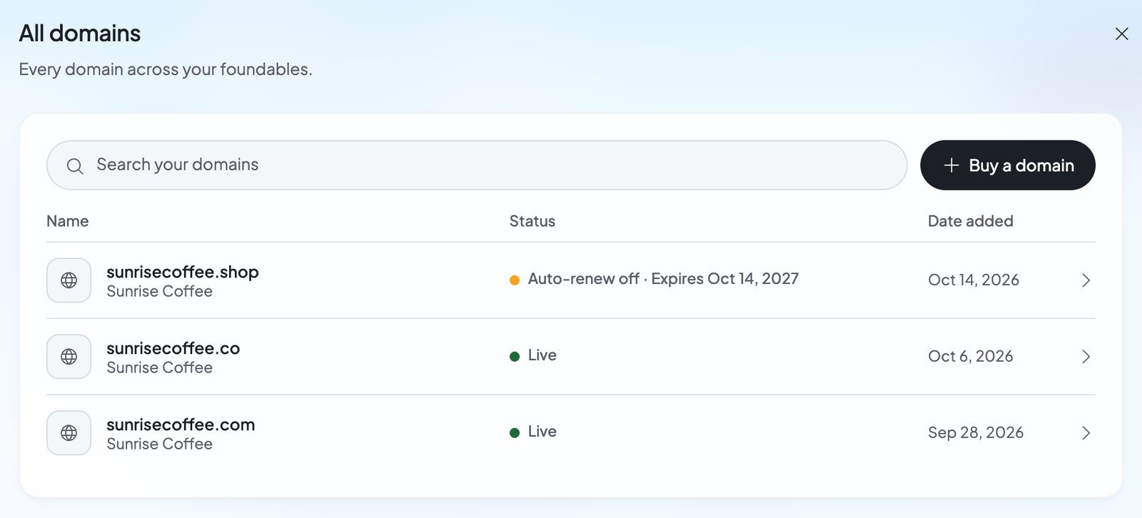 Settings › All domains: Search your domains, and each domain with its foundable, its status and the day it was added.