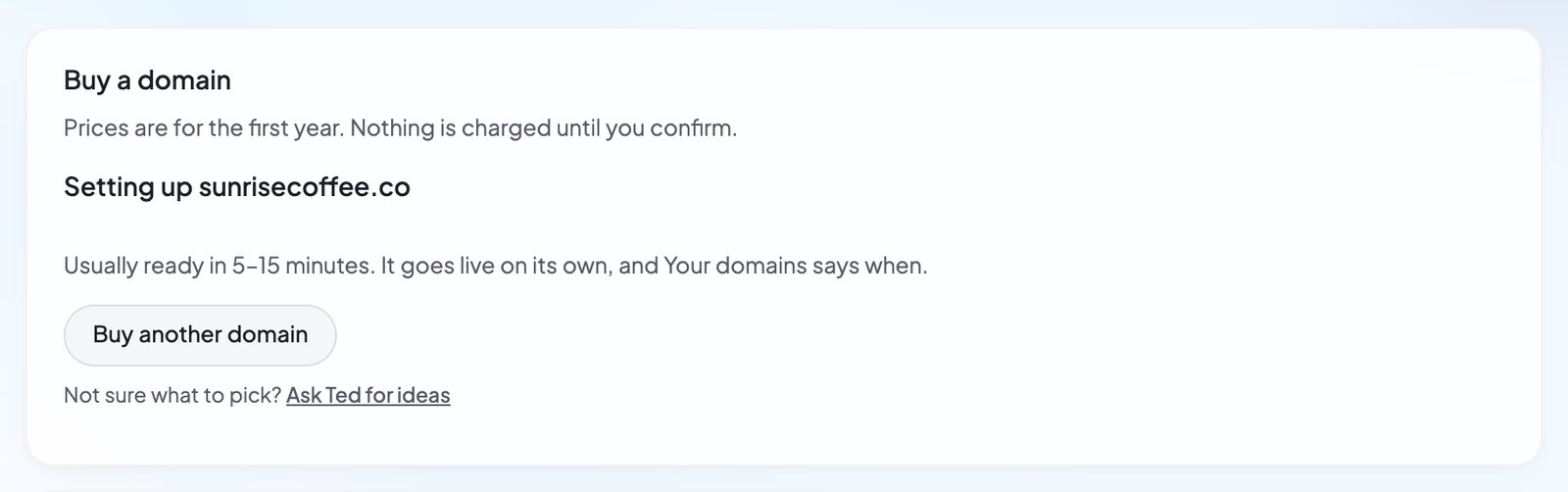 Buy a domain right after buying one: Setting up, with the domain’s name, usually ready in 5–15 minutes, and Buy another domain.