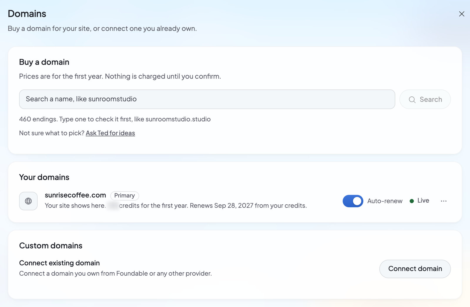 Settings › Domains: Buy a domain with its search and Ask Ted for ideas, Your domains with a live domain and its Auto-renew switch, and Custom domains with Connect domain.
