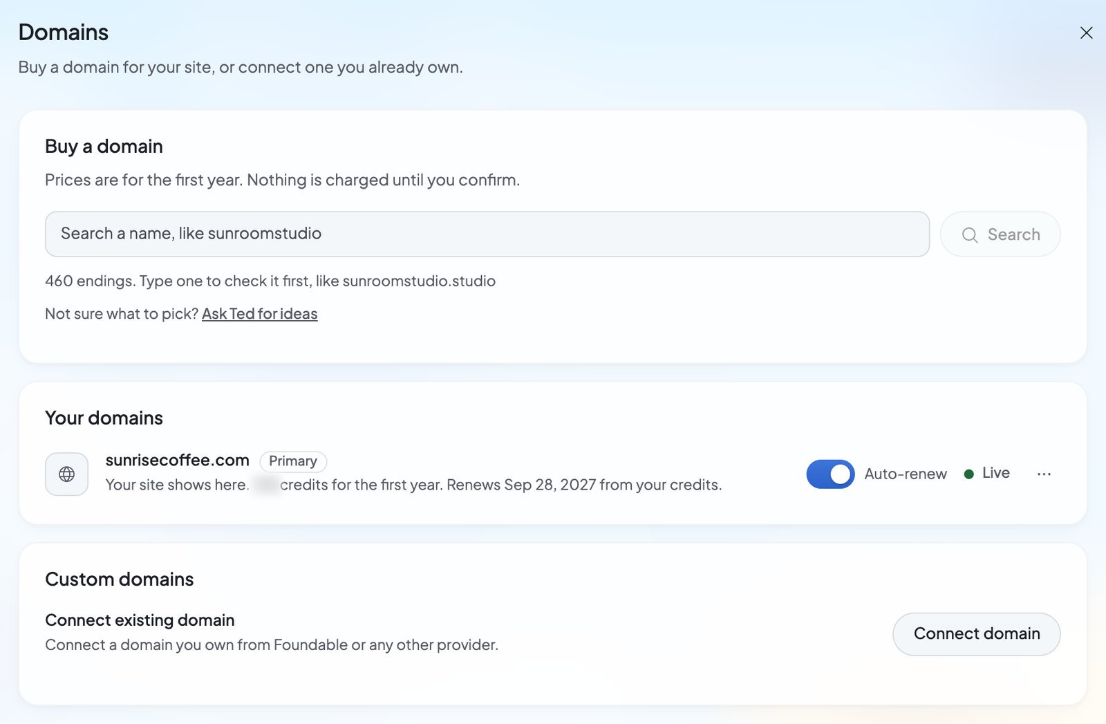 Settings › Domains: Buy a domain with its search and Ask Ted for ideas, Your domains with a live domain and its Auto-renew switch, and Custom domains with Connect domain.