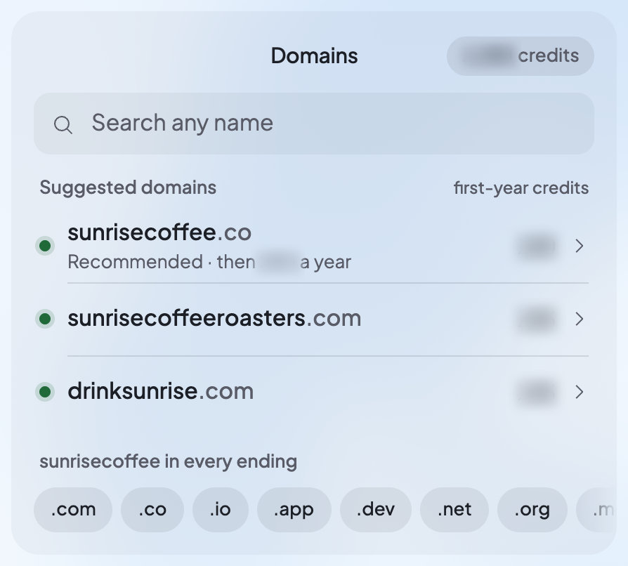 Ted’s domain card in the chat: Search any name, his suggested domains with the first one recommended, and endings to try.