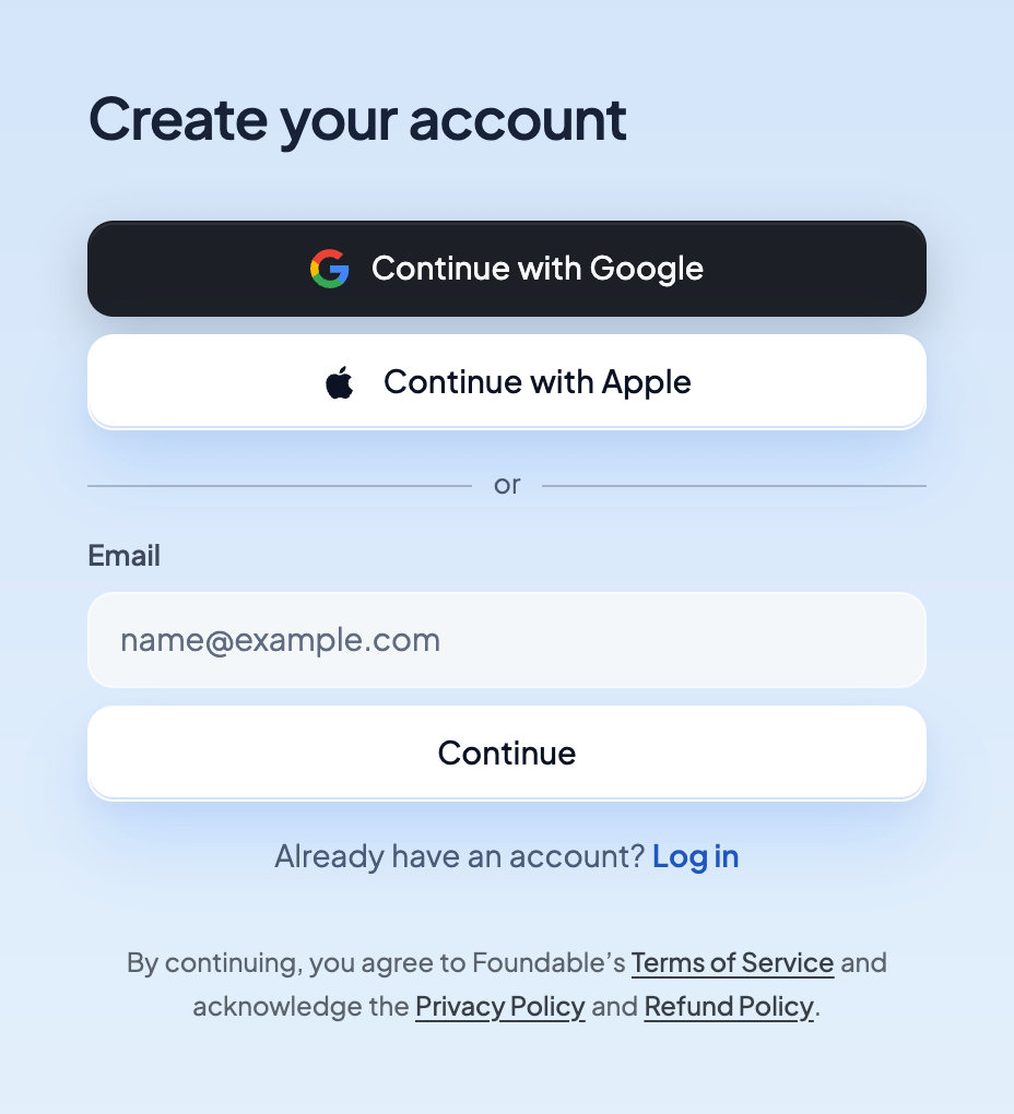 The Create your account card: Continue with Google, Continue with Apple, Email and Continue.
