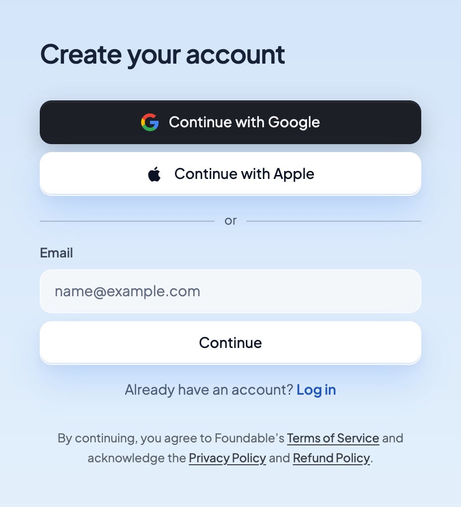 The Create your account card: Continue with Google, Continue with Apple, Email and Continue.