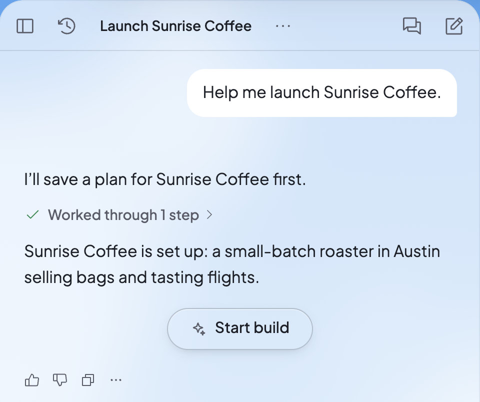 The chat after Ted saves the plan for Sunrise Coffee, with the Start build button under his reply.