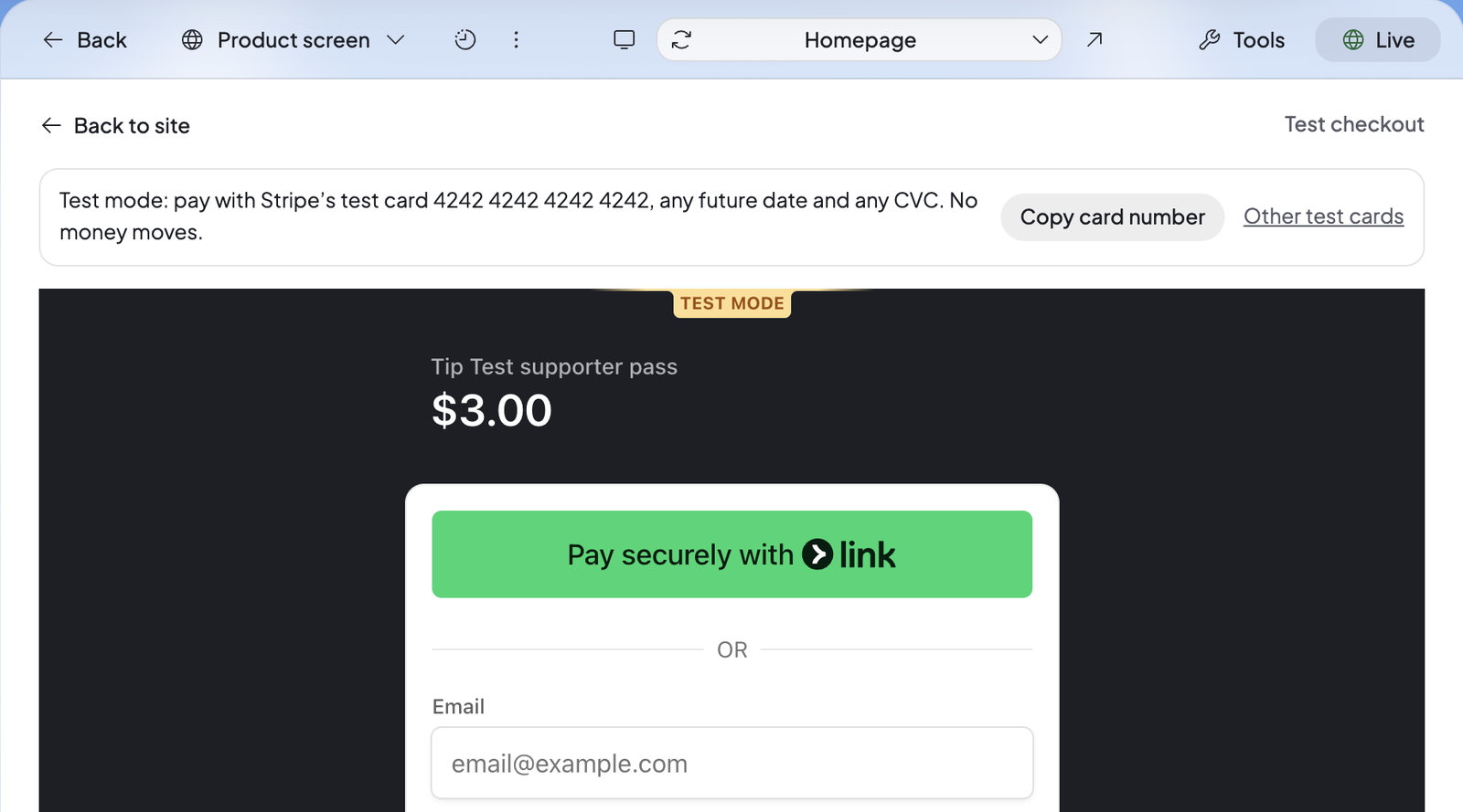 Build’s preview showing Test checkout: the line about Stripe’s test card, Copy card number, Other test cards, Back to site, and Stripe’s test form.