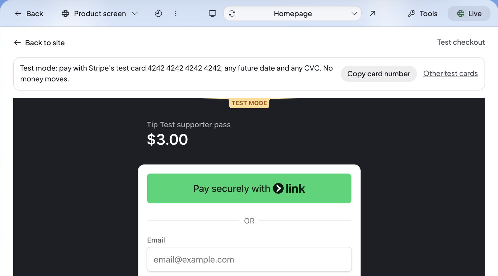 Build’s preview showing Test checkout: the line about Stripe’s test card, Copy card number, Other test cards, Back to site, and Stripe’s test form.